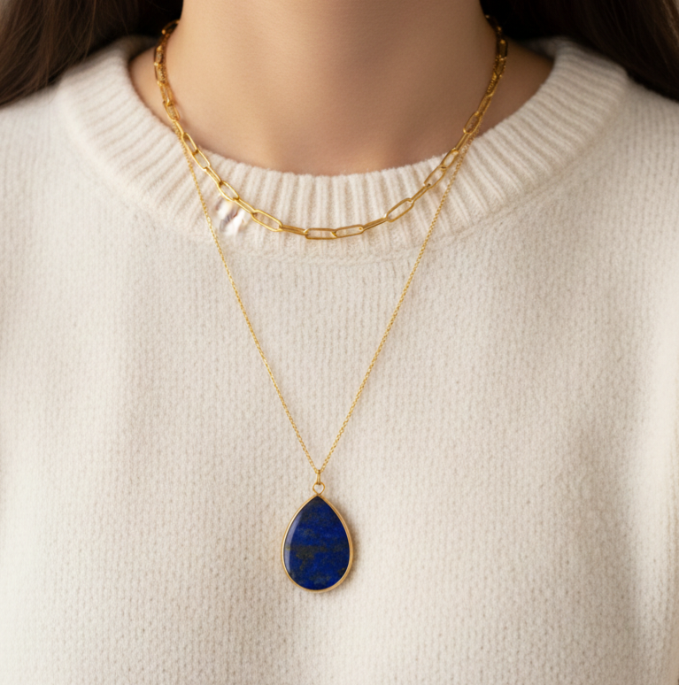 Lapis Lazuli Layered Pendant Necklace 18k Gold Plated | Paperclip Chain | Handcrafted Elegance | 304 Stainless Steel