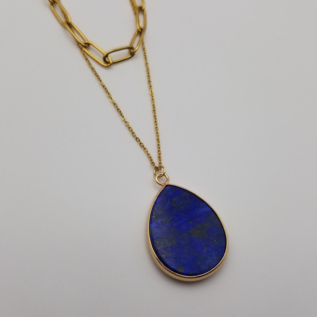 Lapis Lazuli Layered Pendant Necklace 18k Gold Plated | Paperclip Chain | Handcrafted Elegance | 304 Stainless Steel