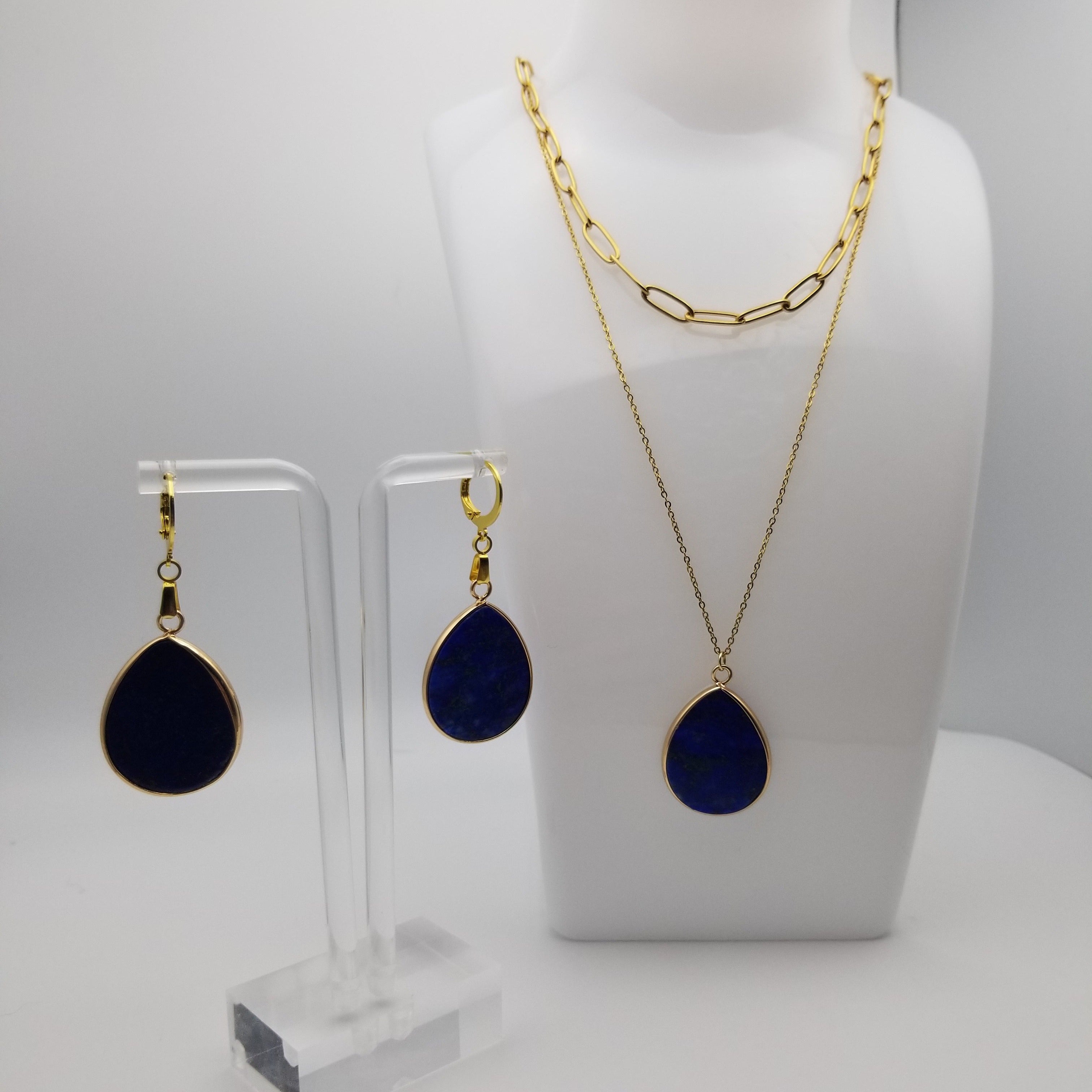 Lapis Lazuli Layered Pendant Necklace 18k Gold Plated | Paperclip Chain | Handcrafted Elegance | 304 Stainless Steel