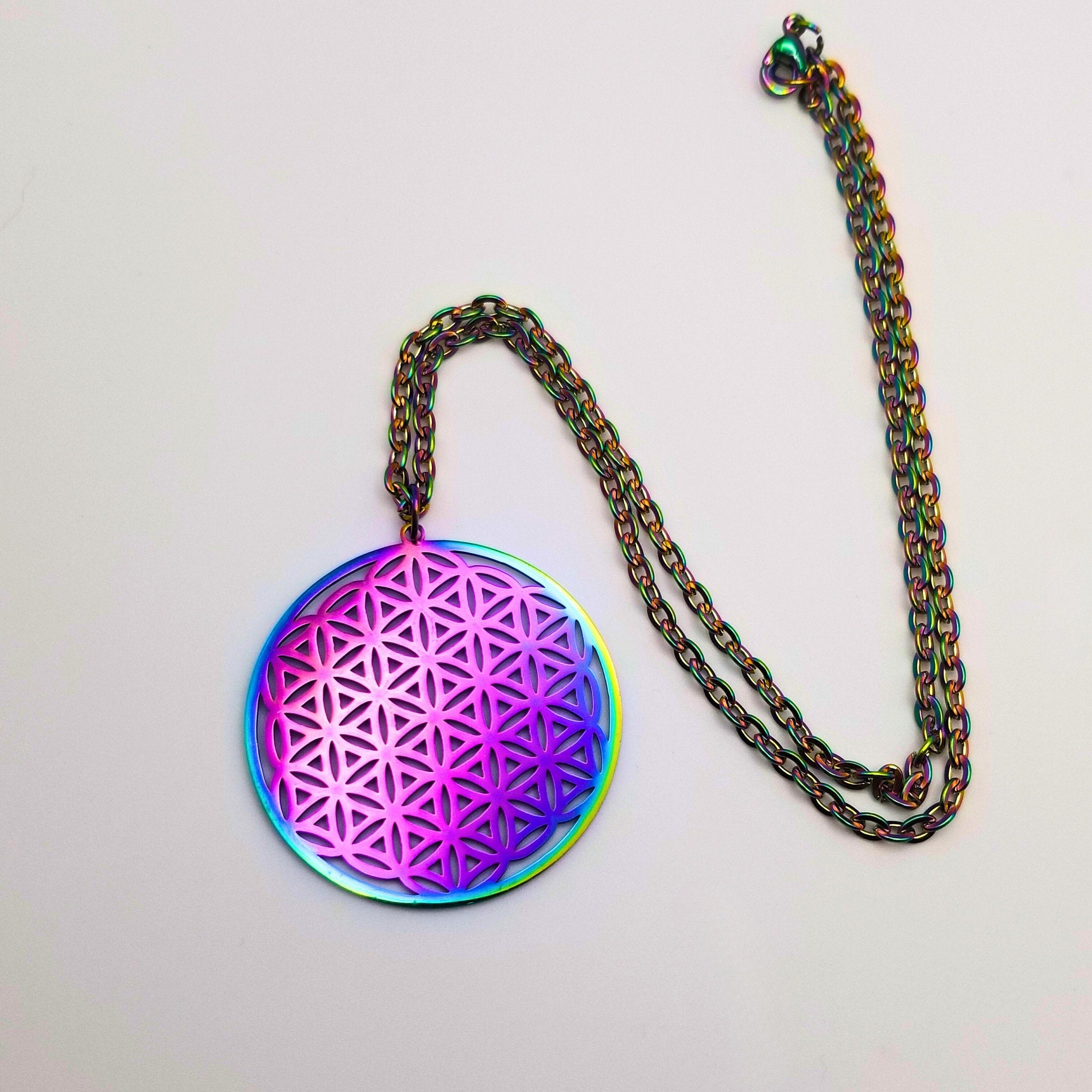Rainbow Flower of Life Necklace | Reversible Sacred Geometry | Two Looks in One | Waterproof Artisan Jewelry
