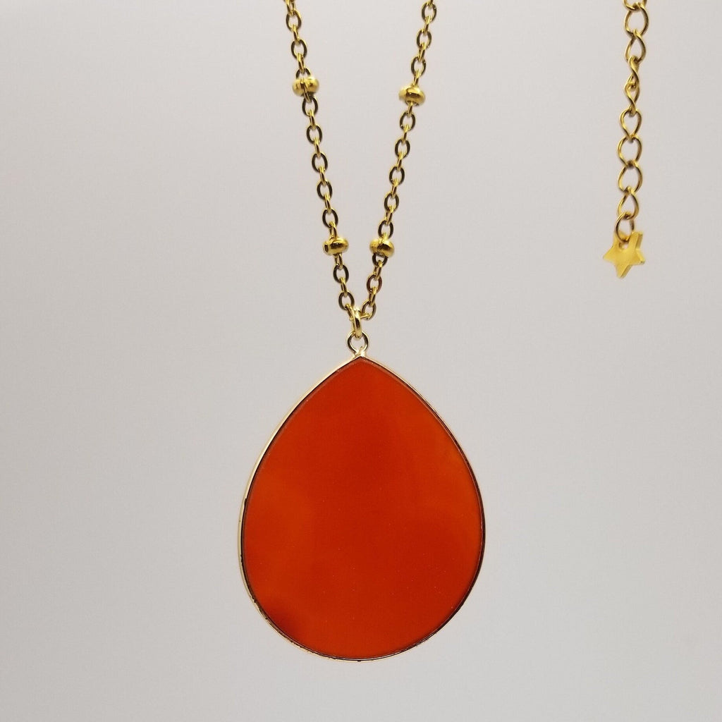 Teardrop Carnelian Pendant Necklace: 18k Gold Plated Satellite Chain