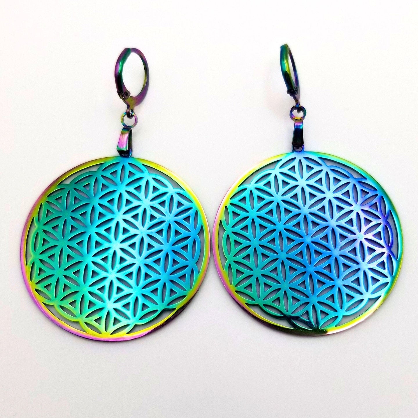 Rainbow Flower of Life Earrings | Sacred Geometry Jewelry Huggie Statement Earrings