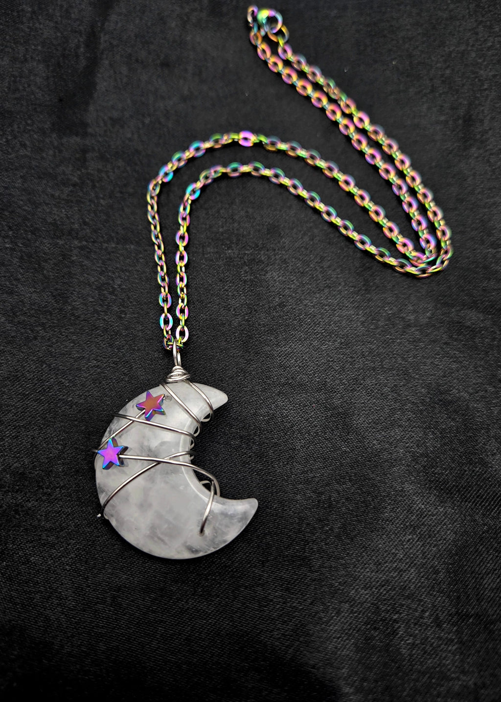 Quartz Moon Necklace: Rainbow Star Wire Wrapped Pendant