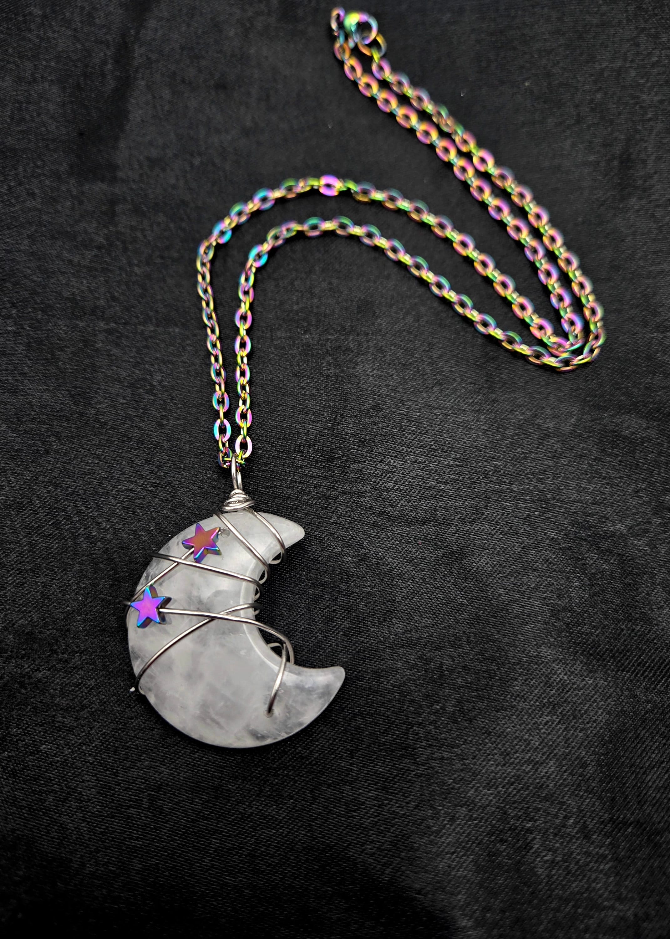 Quartz Moon Necklace: Rainbow Star Wire Wrapped Pendant