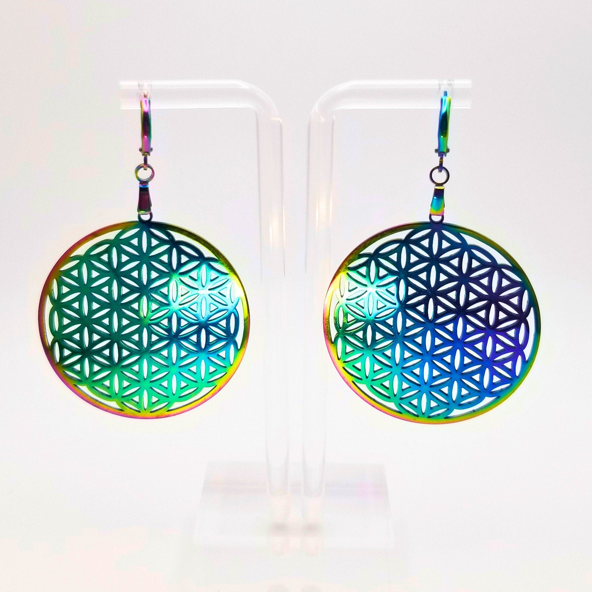 Rainbow Flower of Life Earrings | Sacred Geometry Jewelry Huggie Statement Earrings