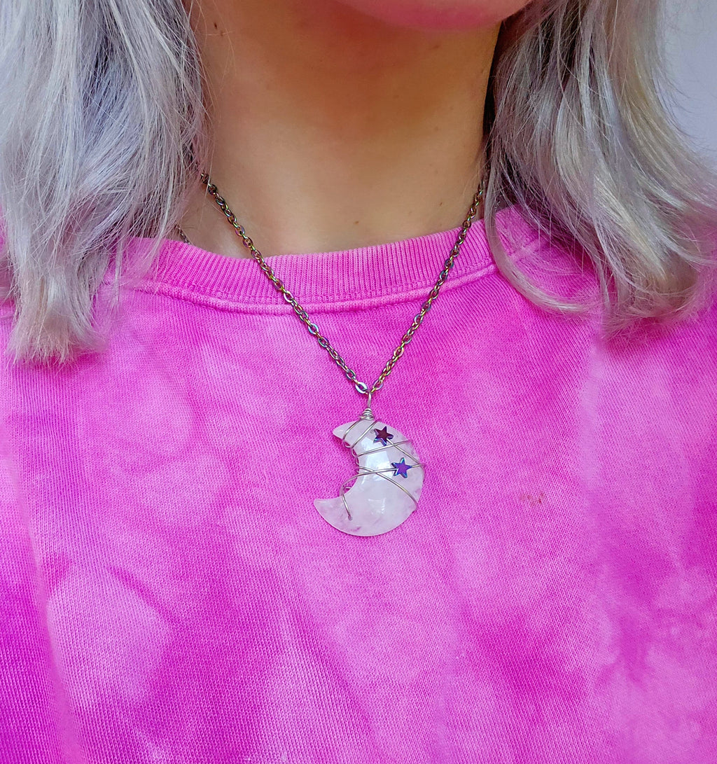 Quartz Moon Necklace: Rainbow Star Wire Wrapped Pendant