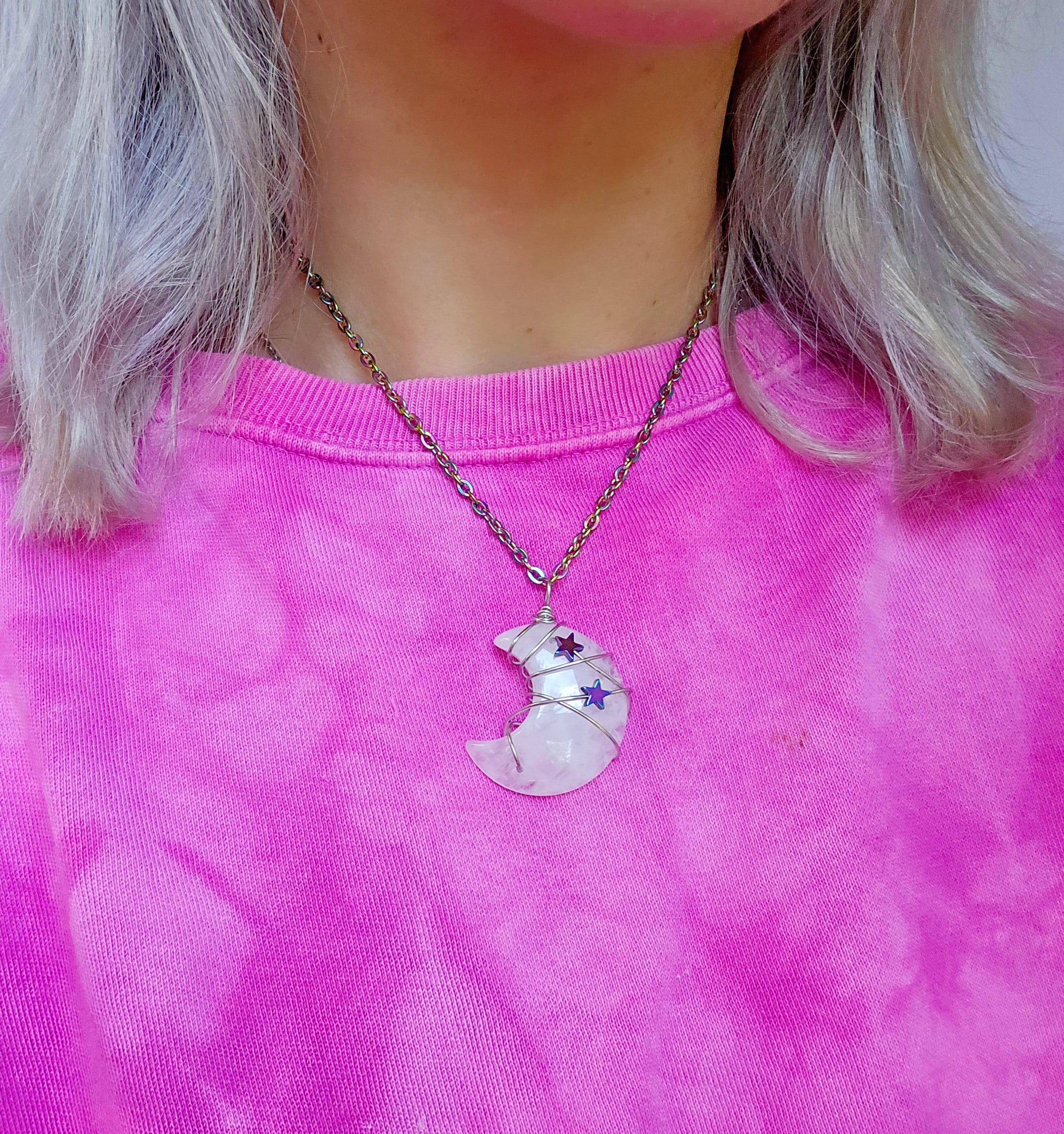 Quartz Moon Necklace: Rainbow Star Wire Wrapped Pendant