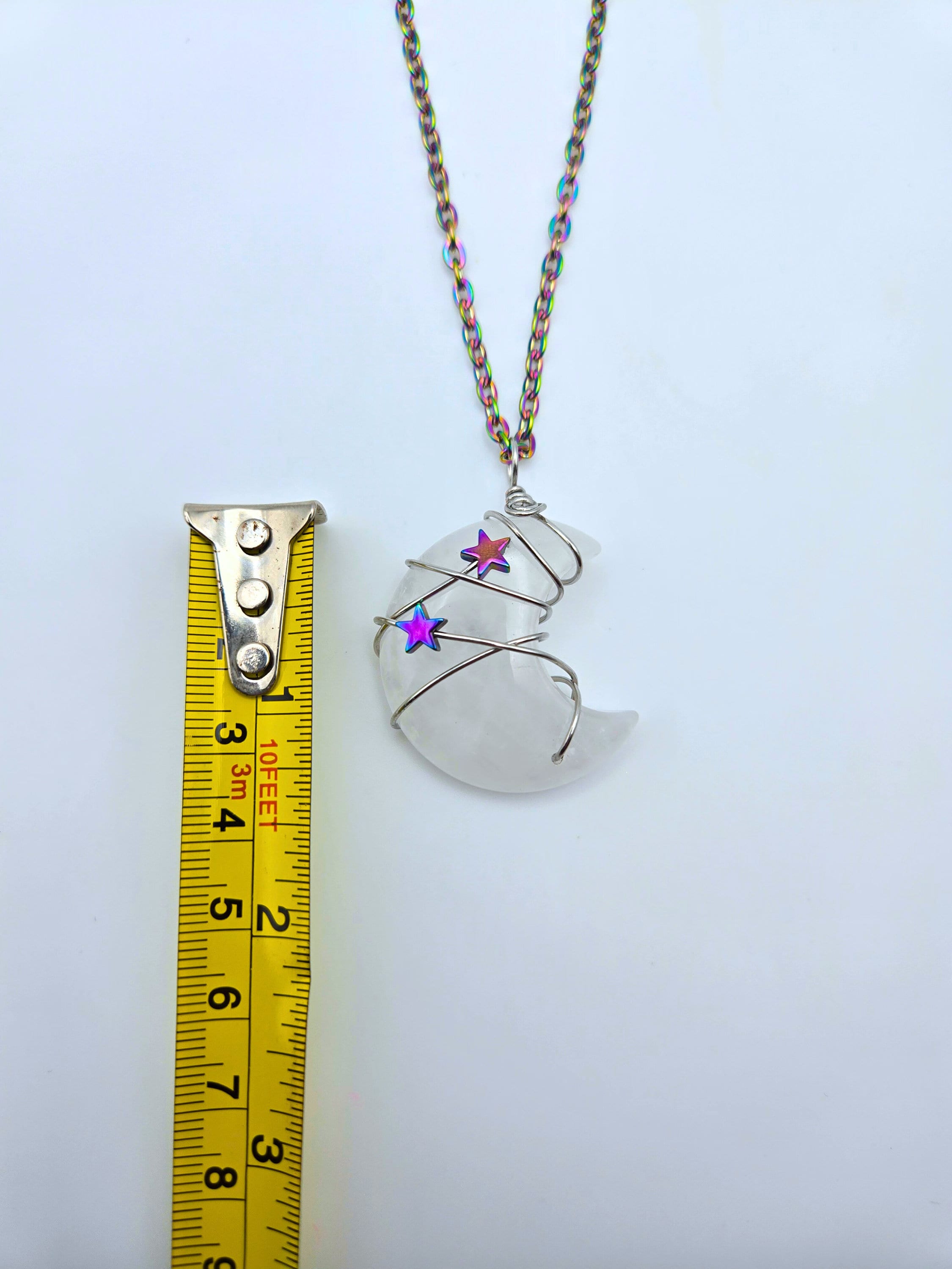 Quartz Moon Necklace: Rainbow Star Wire Wrapped Pendant