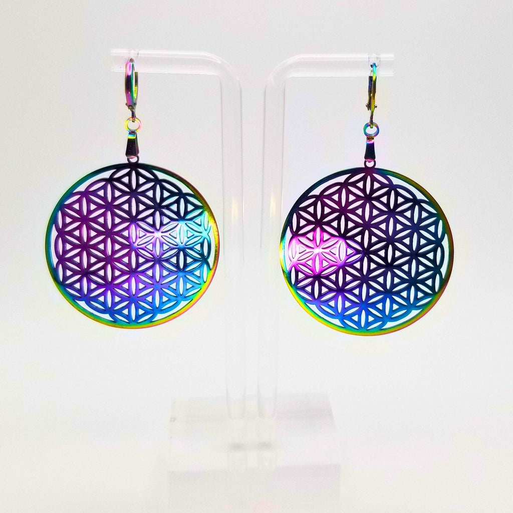 Rainbow Flower of Life Earrings | Sacred Geometry Jewelry Huggie Statement Earrings