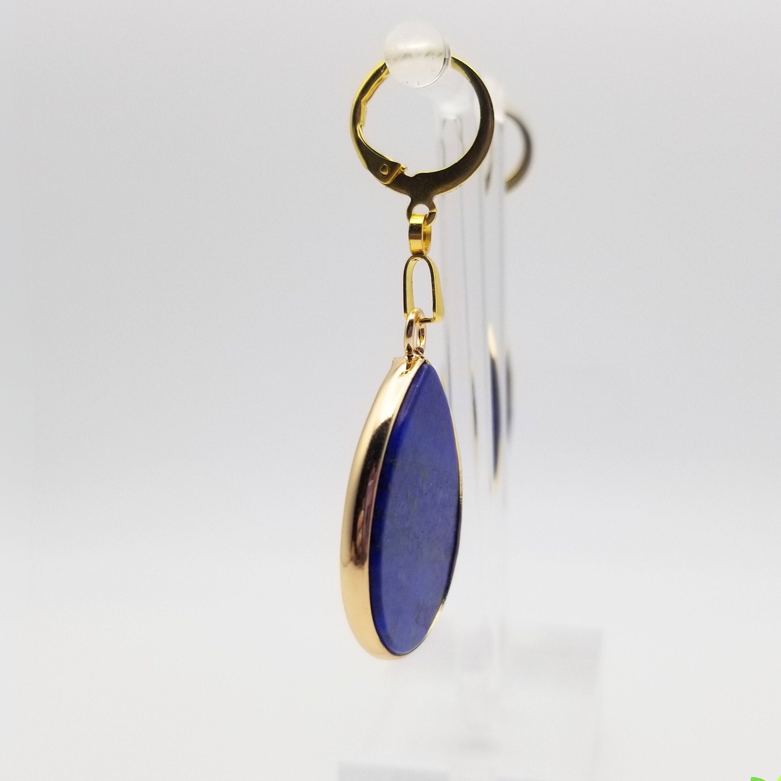 Natural Lapis Lazuli Teardrop Earrings 18k Gold Plated Huggies | Artisan Gemstone Jewelry