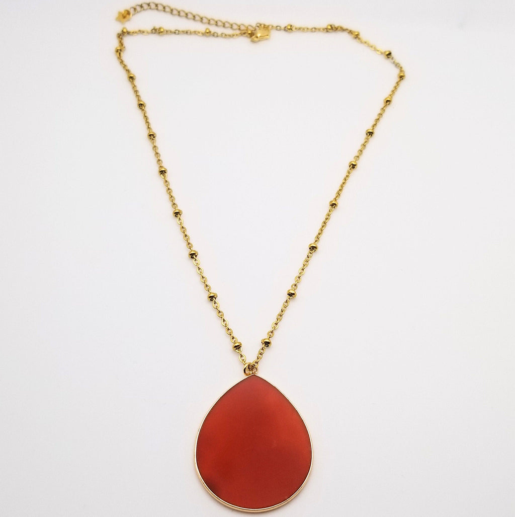 Teardrop Carnelian Pendant Necklace: 18k Gold Plated Satellite Chain