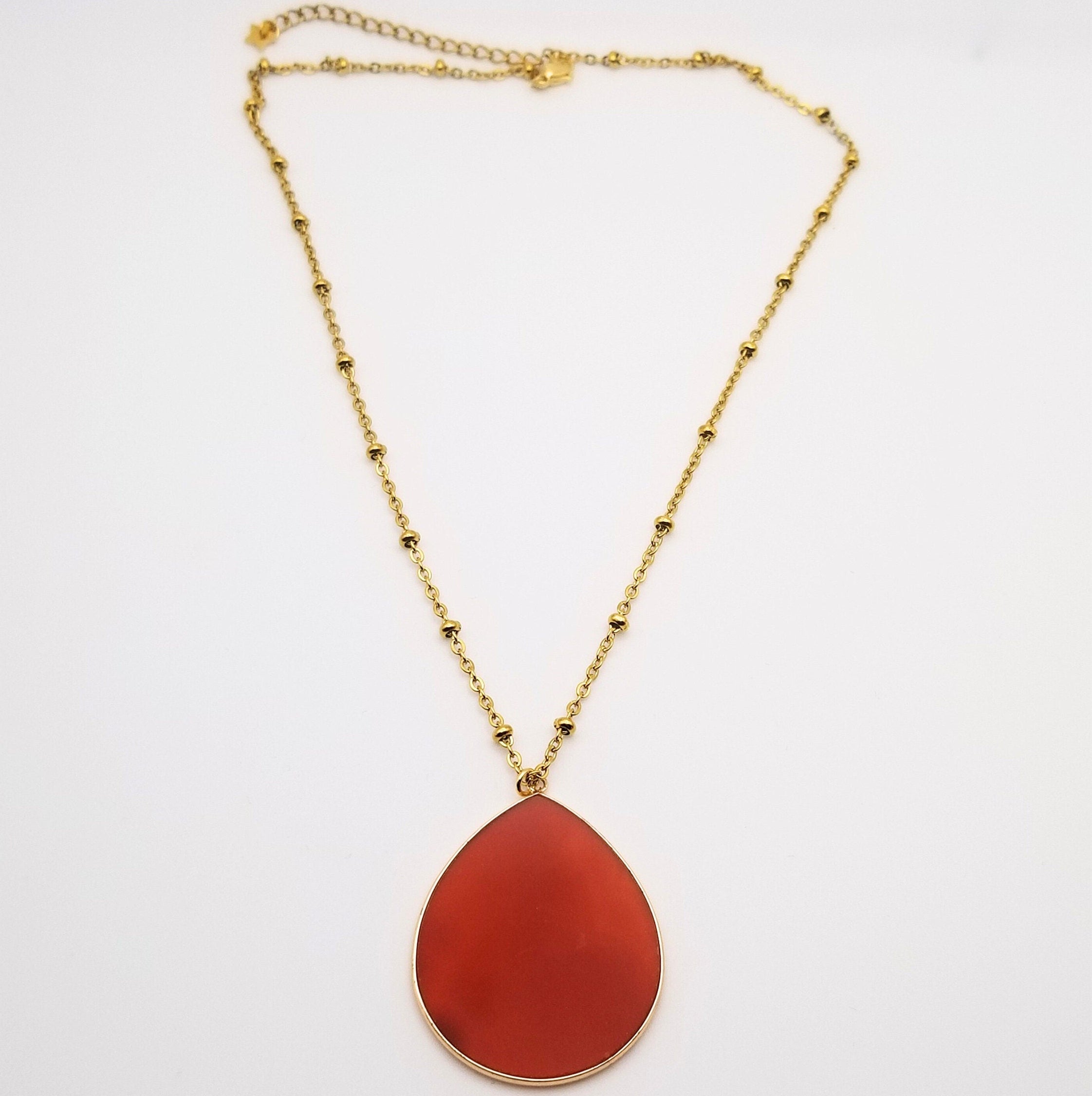 Teardrop Carnelian Pendant Necklace: 18k Gold Plated Satellite Chain