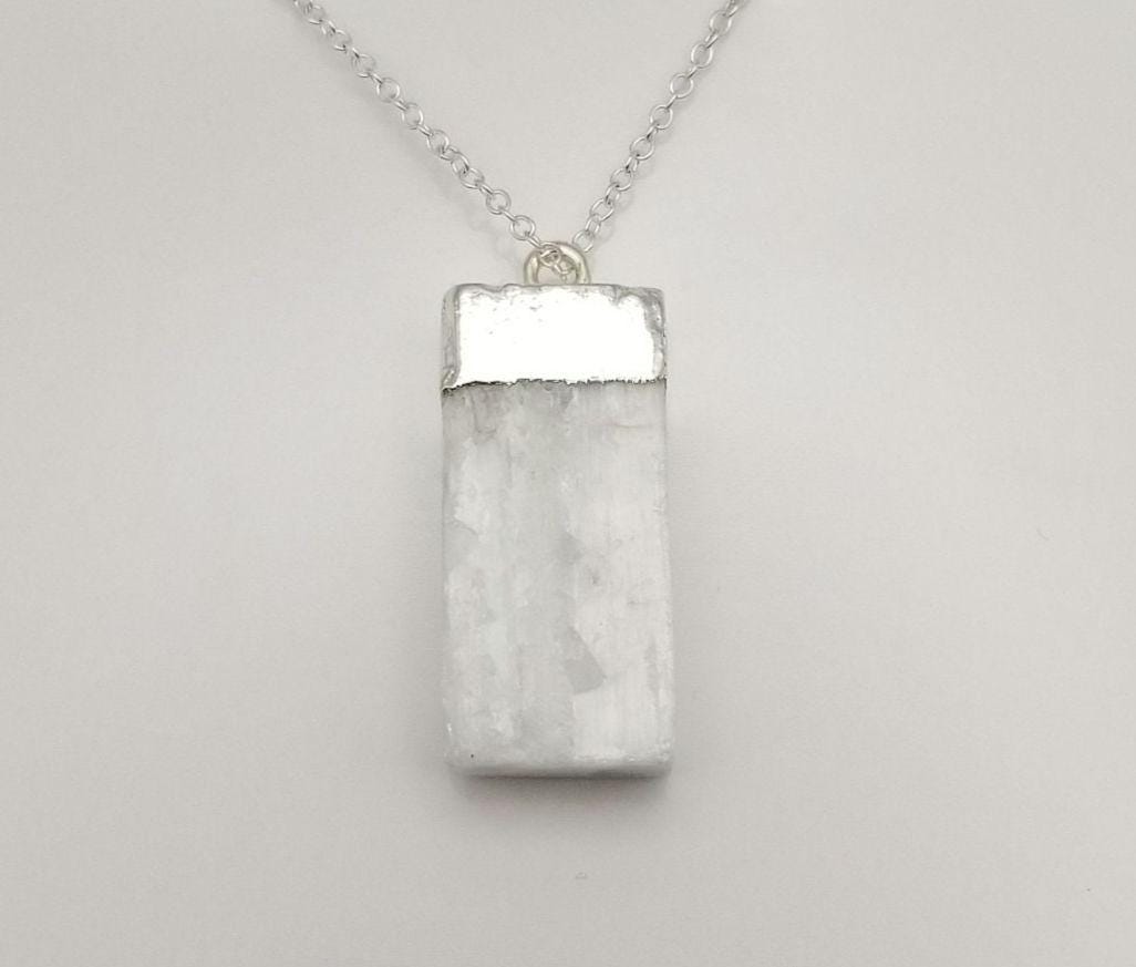 Raw Selenite Pendant Necklace: .925 Sterling Silver Crystal Healing