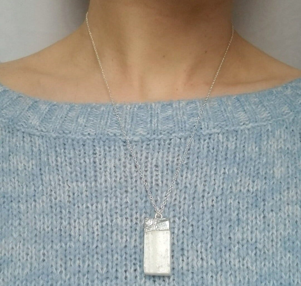 Raw Selenite Pendant Necklace: .925 Sterling Silver Crystal Healing