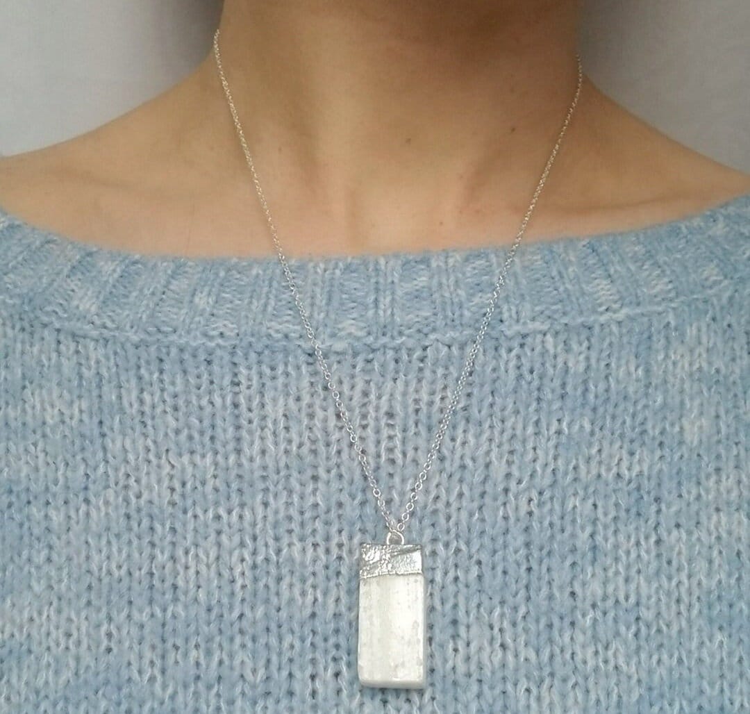 Raw Selenite Pendant Necklace: .925 Sterling Silver Crystal Healing
