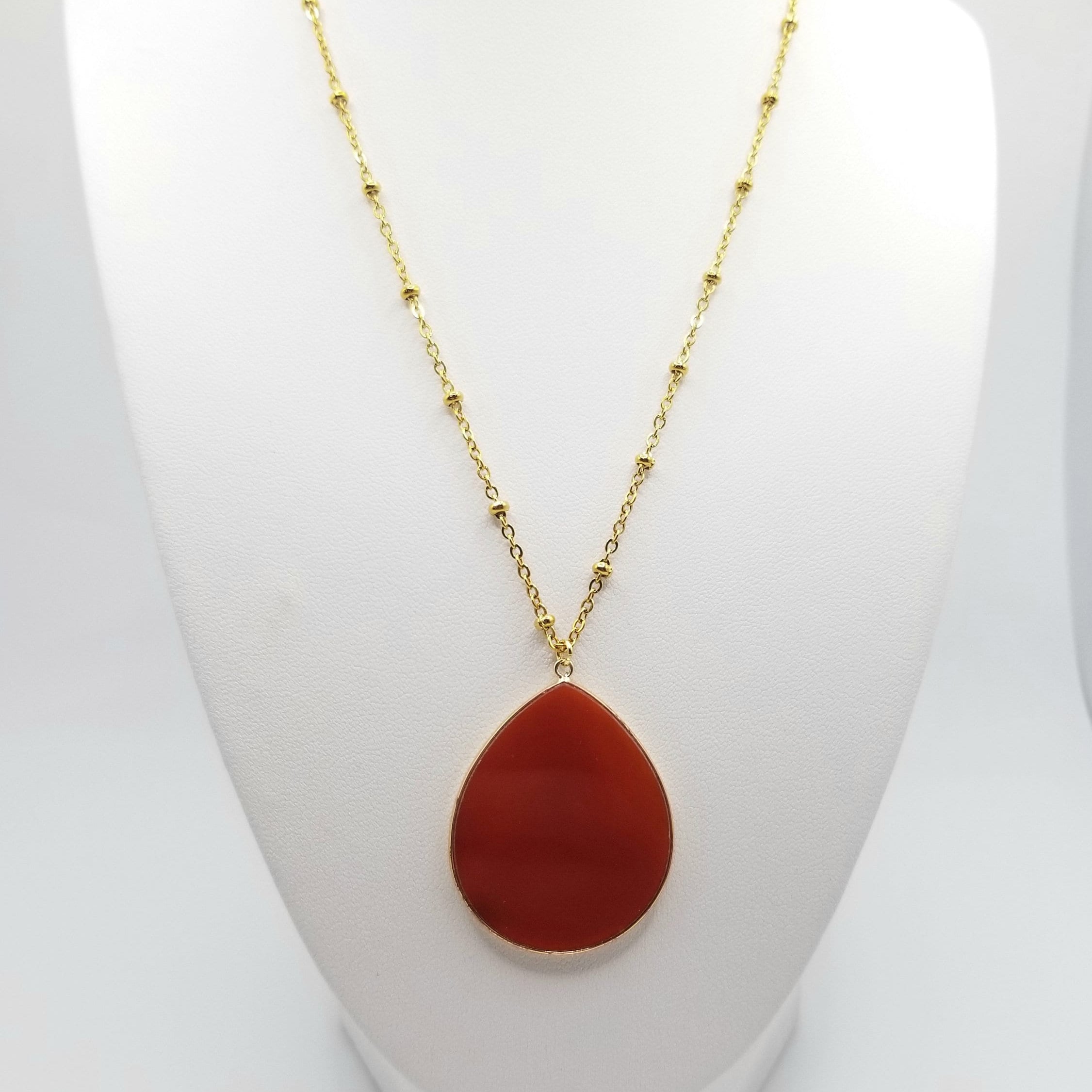 Teardrop Carnelian Pendant Necklace: 18k Gold Plated Satellite Chain