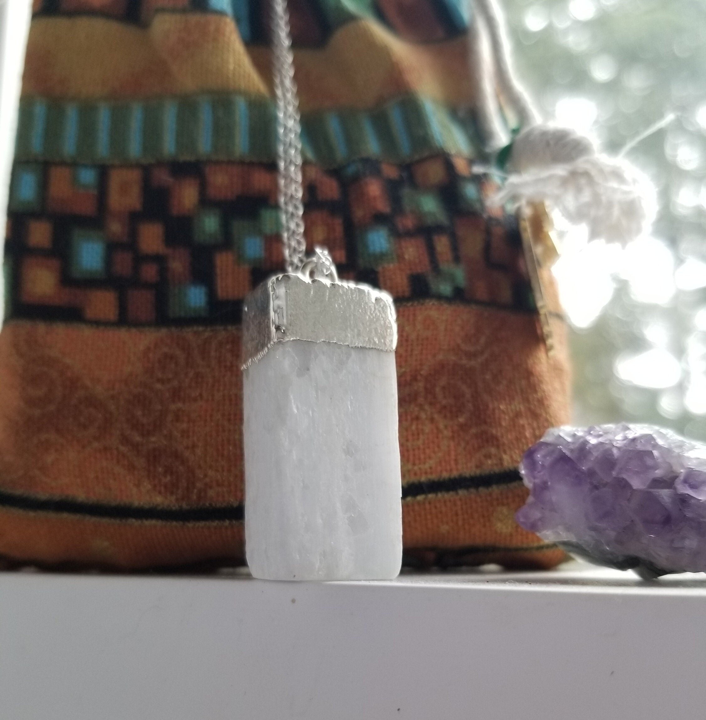 Raw Selenite Pendant Necklace: .925 Sterling Silver Crystal Healing