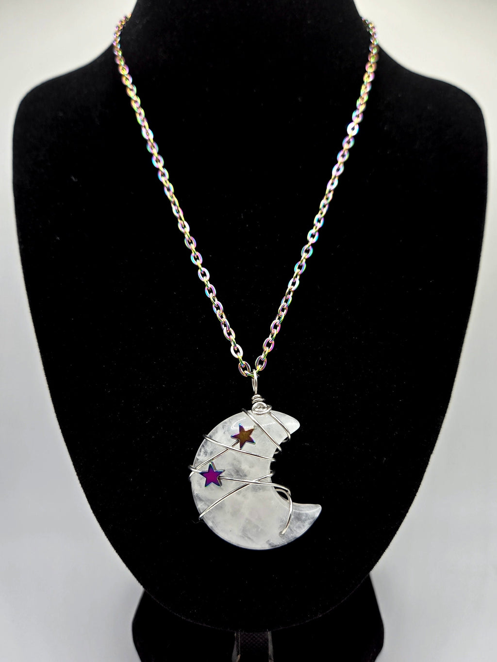 Quartz Moon Necklace: Rainbow Star Wire Wrapped Pendant