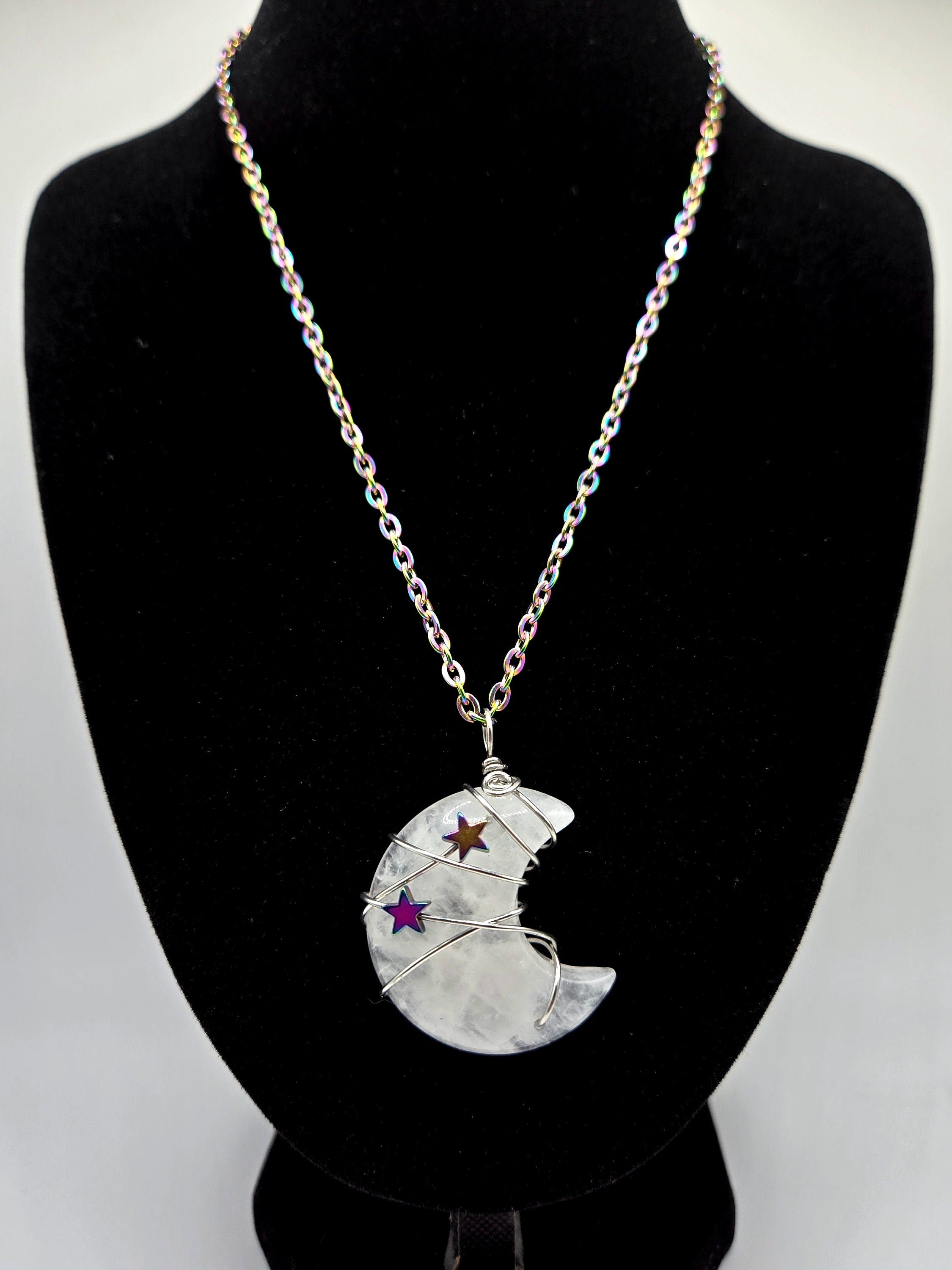 Quartz Moon Necklace: Rainbow Star Wire Wrapped Pendant