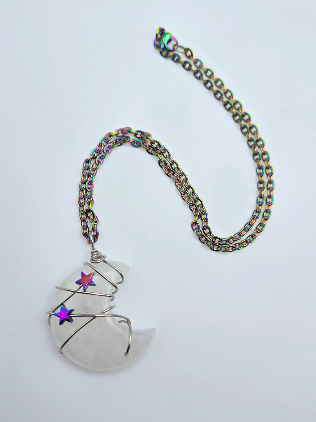 Quartz Moon Necklace: Rainbow Star Wire Wrapped Pendant