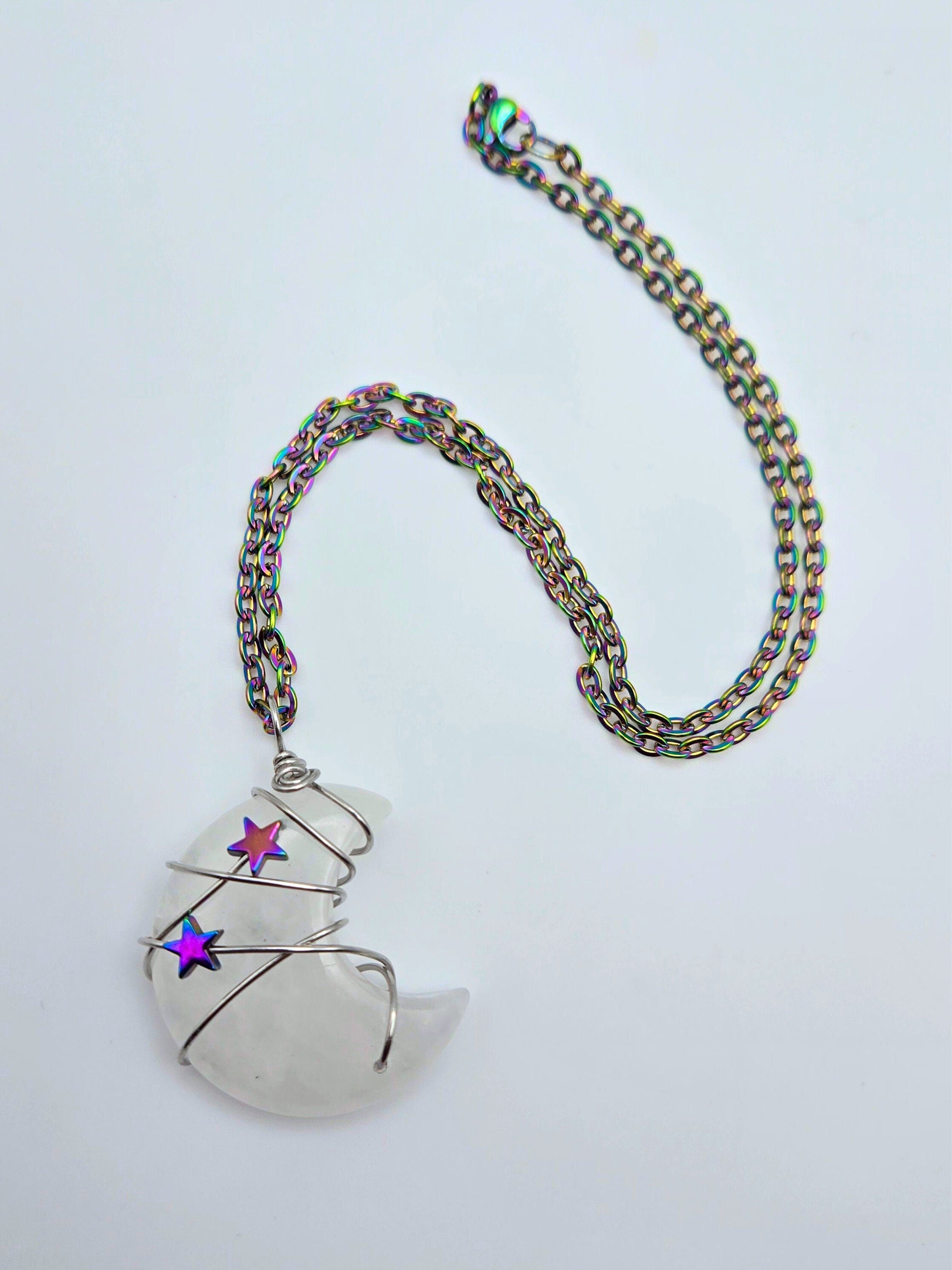 Quartz Moon Necklace: Rainbow Star Wire Wrapped Pendant