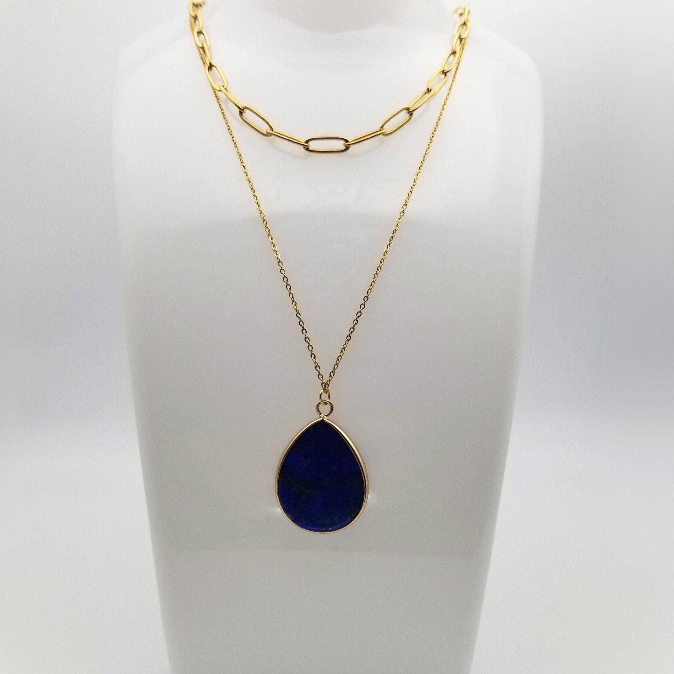 Lapis Lazuli Layered Pendant Necklace 18k Gold Plated | Paperclip Chain | Handcrafted Elegance | 304 Stainless Steel