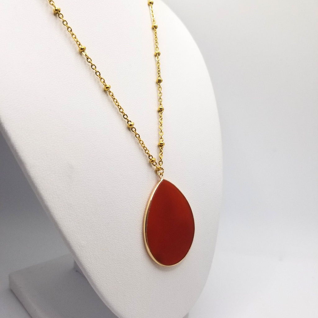Teardrop Carnelian Pendant Necklace: 18k Gold Plated Satellite Chain