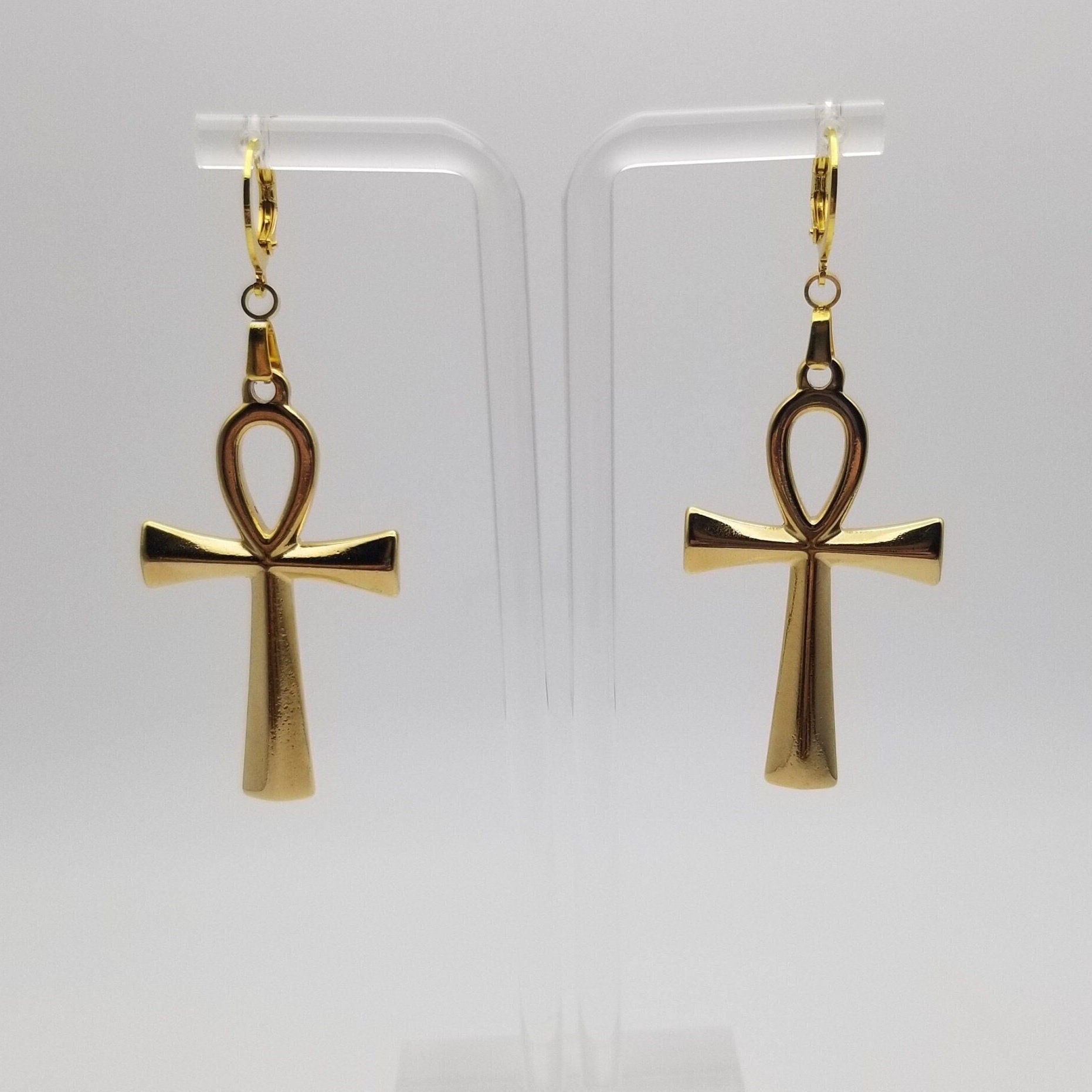 Ankh Drop Earrings in Gold or Silver | Key of Life Waterproof Artisan Jewelry | Ancient Egyptian Symbolism