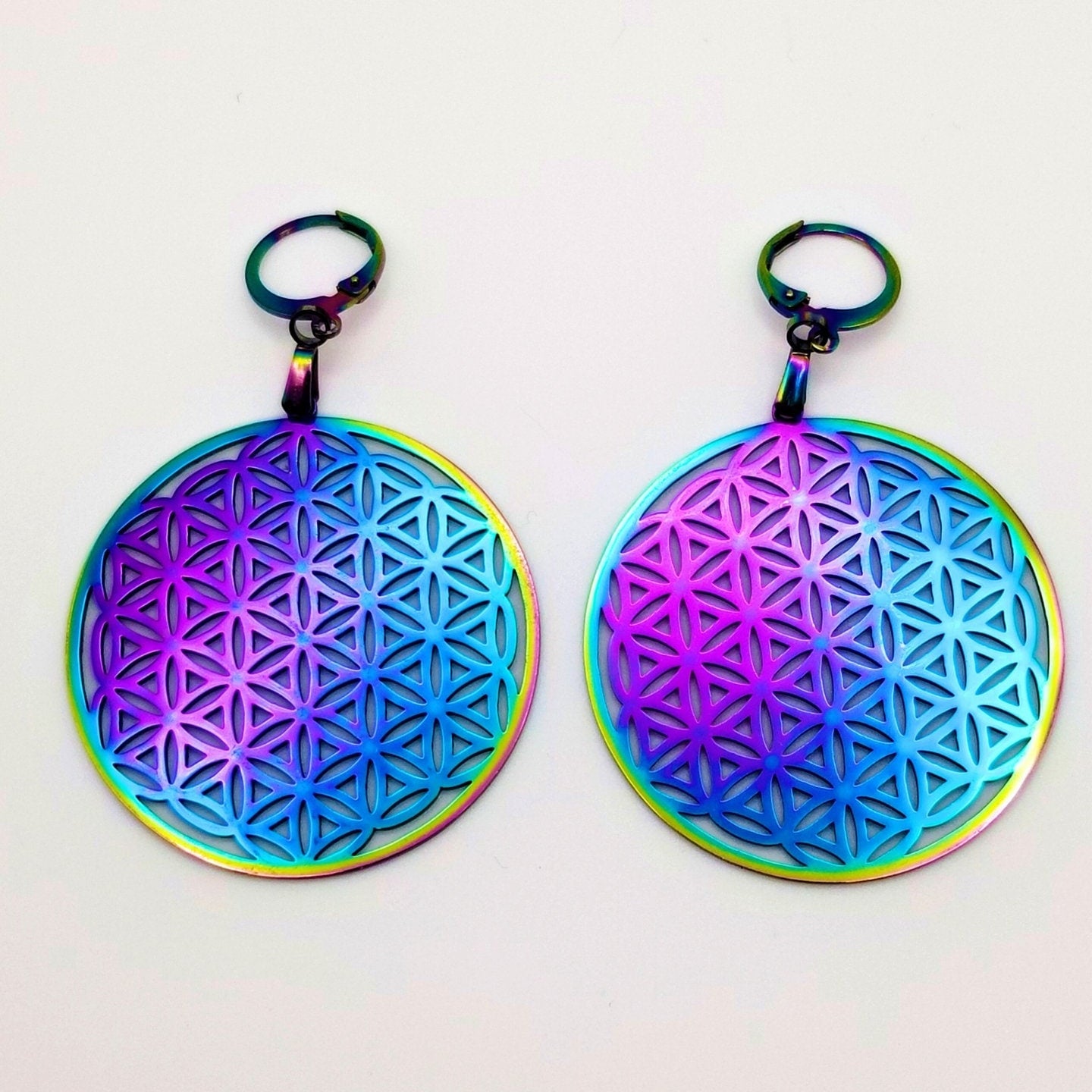 Rainbow Flower of Life Earrings | Sacred Geometry Jewelry Huggie Statement Earrings
