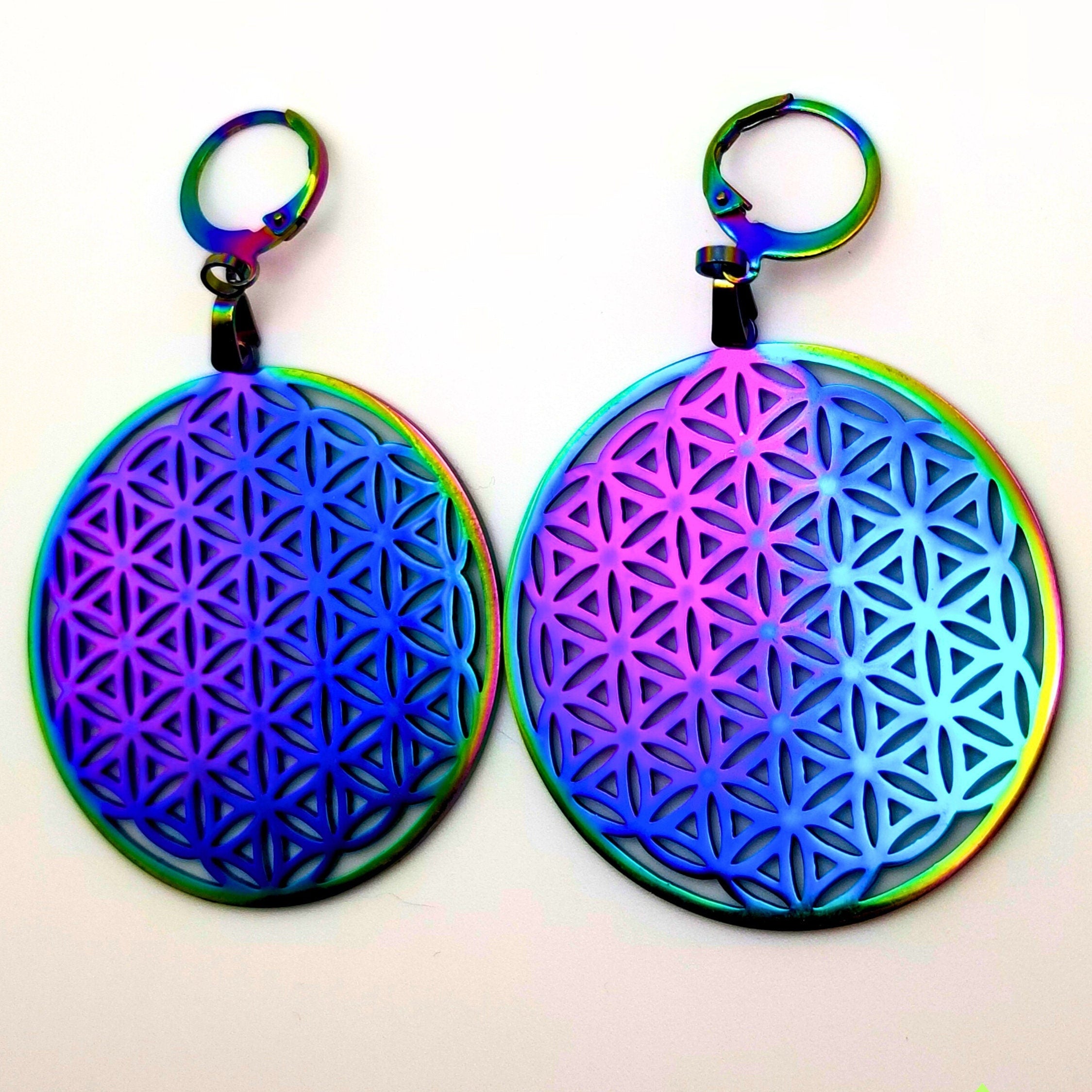 Rainbow Flower of Life Earrings | Sacred Geometry Jewelry Huggie Statement Earrings
