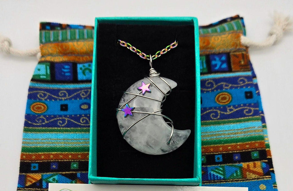 Quartz Moon Necklace: Rainbow Star Wire Wrapped Pendant