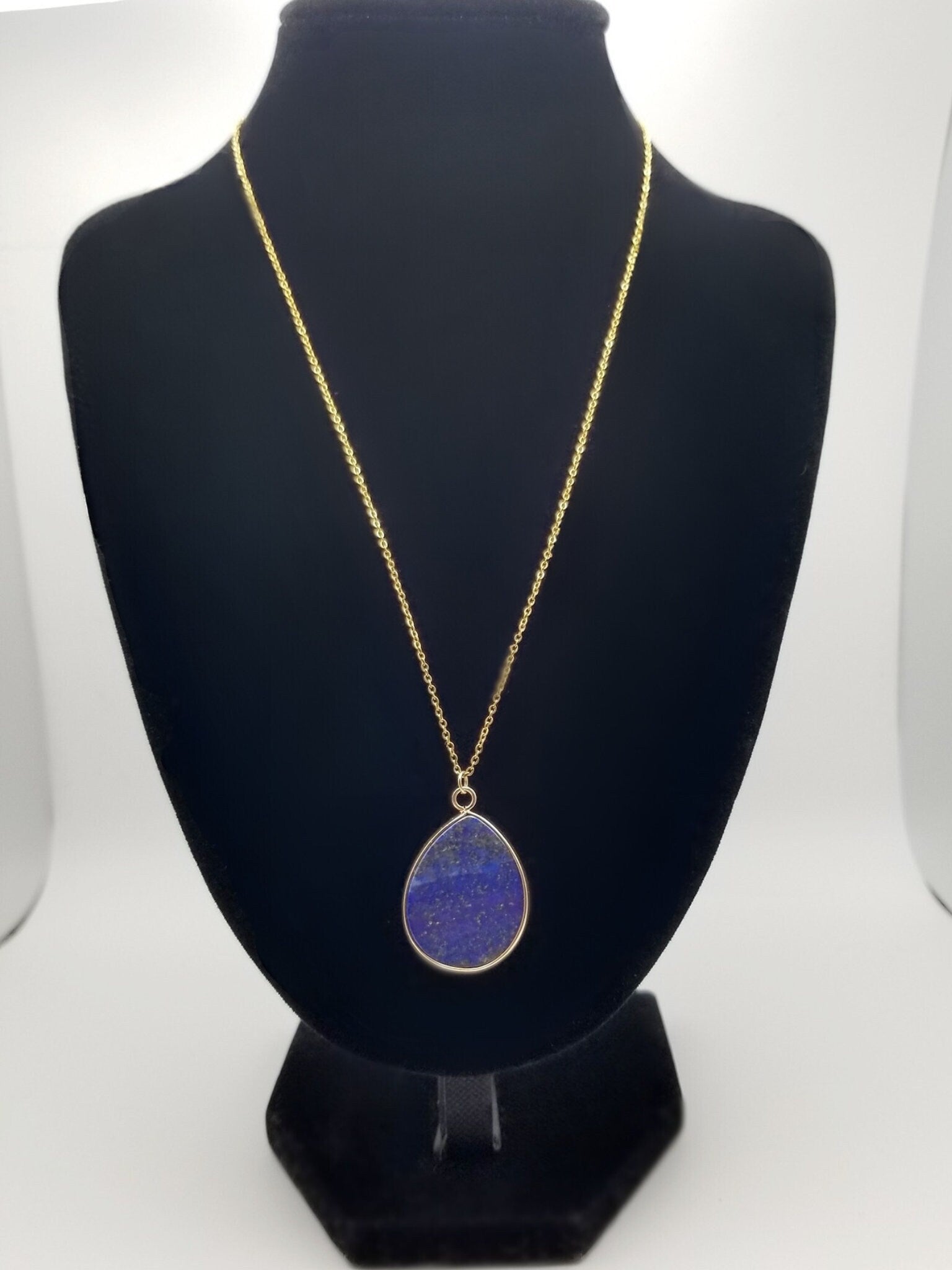 Lapis Lazuli Pendant Necklace 18k Gold Plate Teardrop Shape