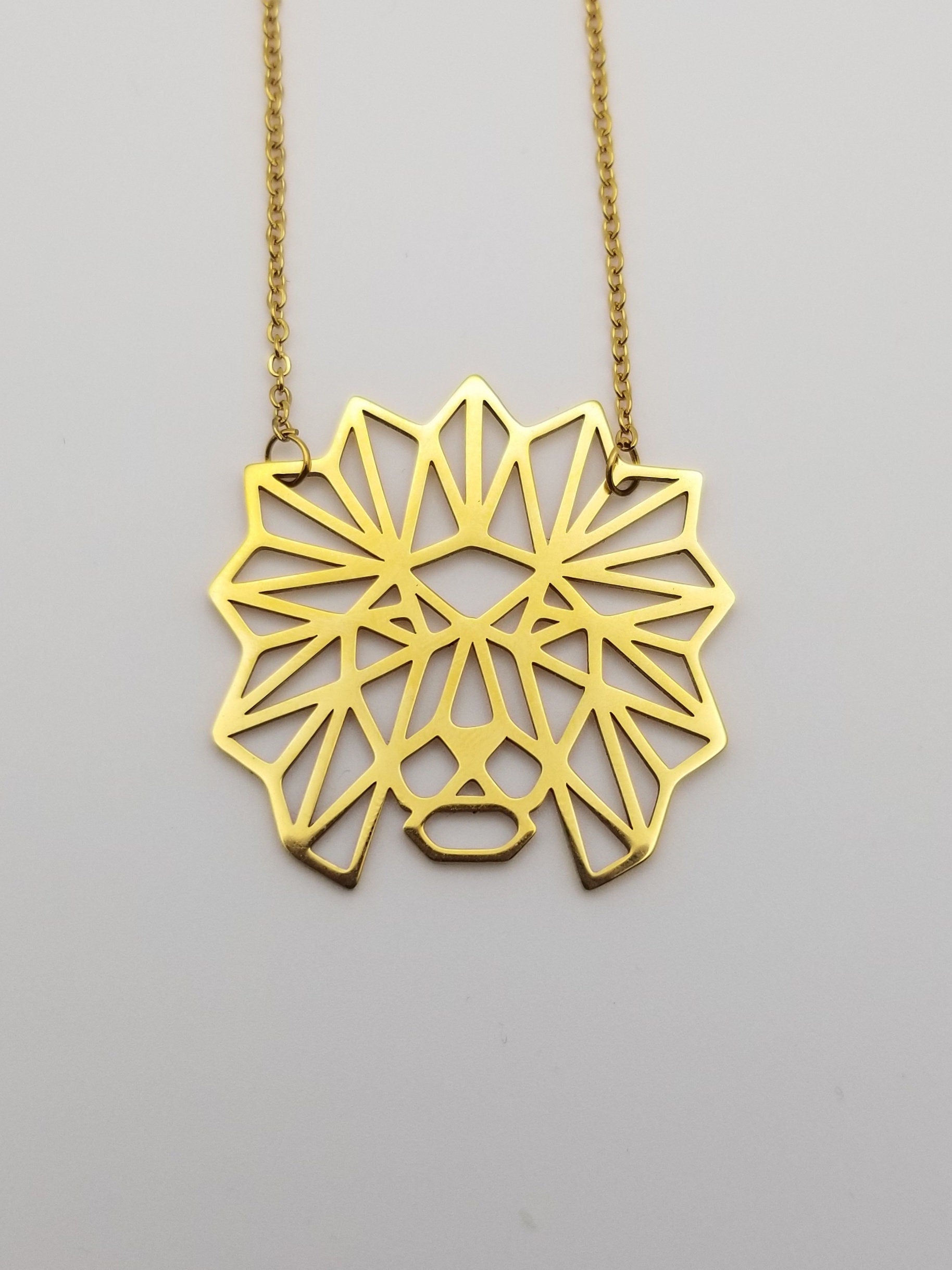 Gold Lion Necklace: Geometric Stainless Steel Jewelry Lion of Judah Pendant