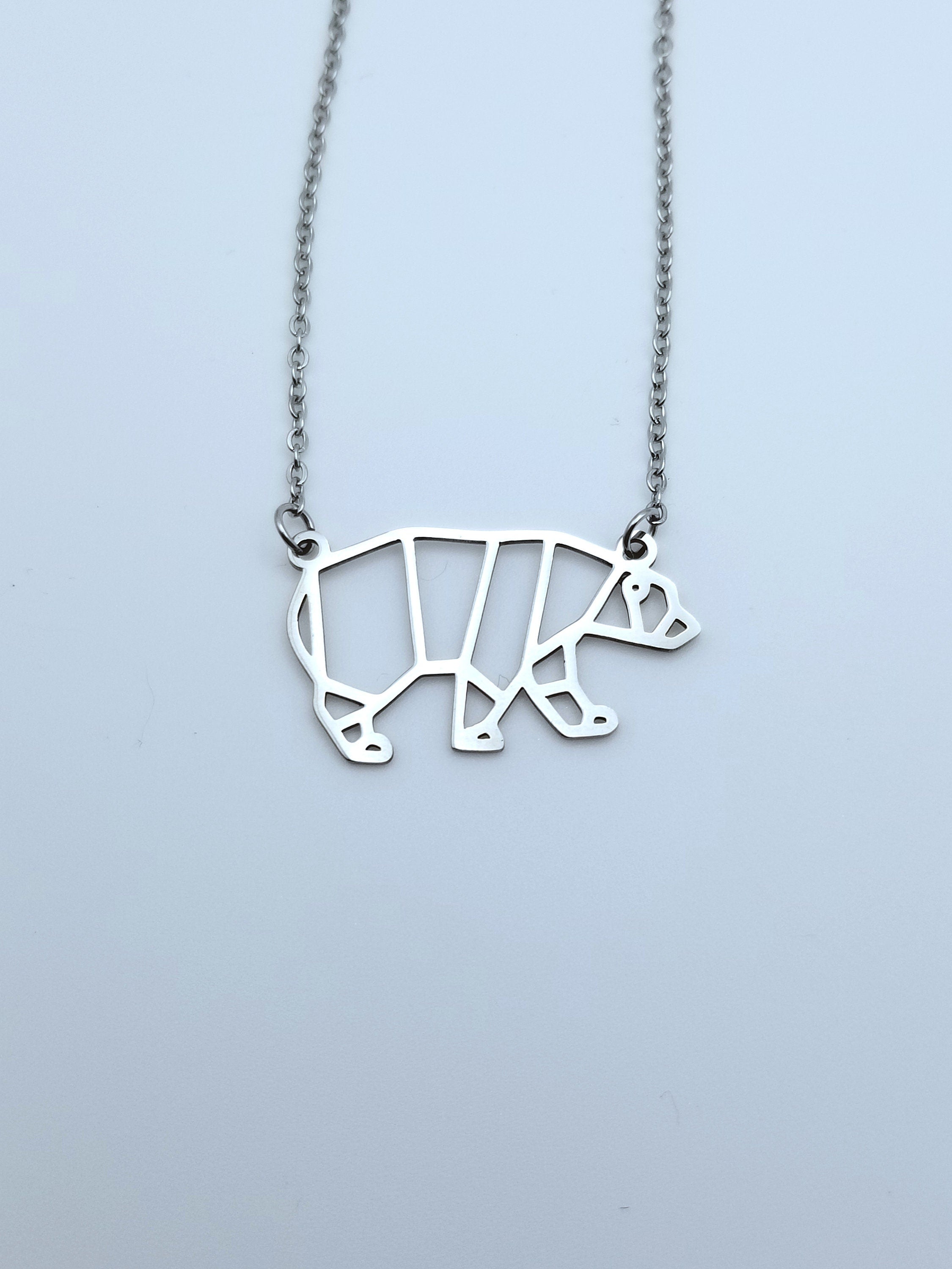Geometric Bear Necklace: Stainless Steel Polar Bear Pendant