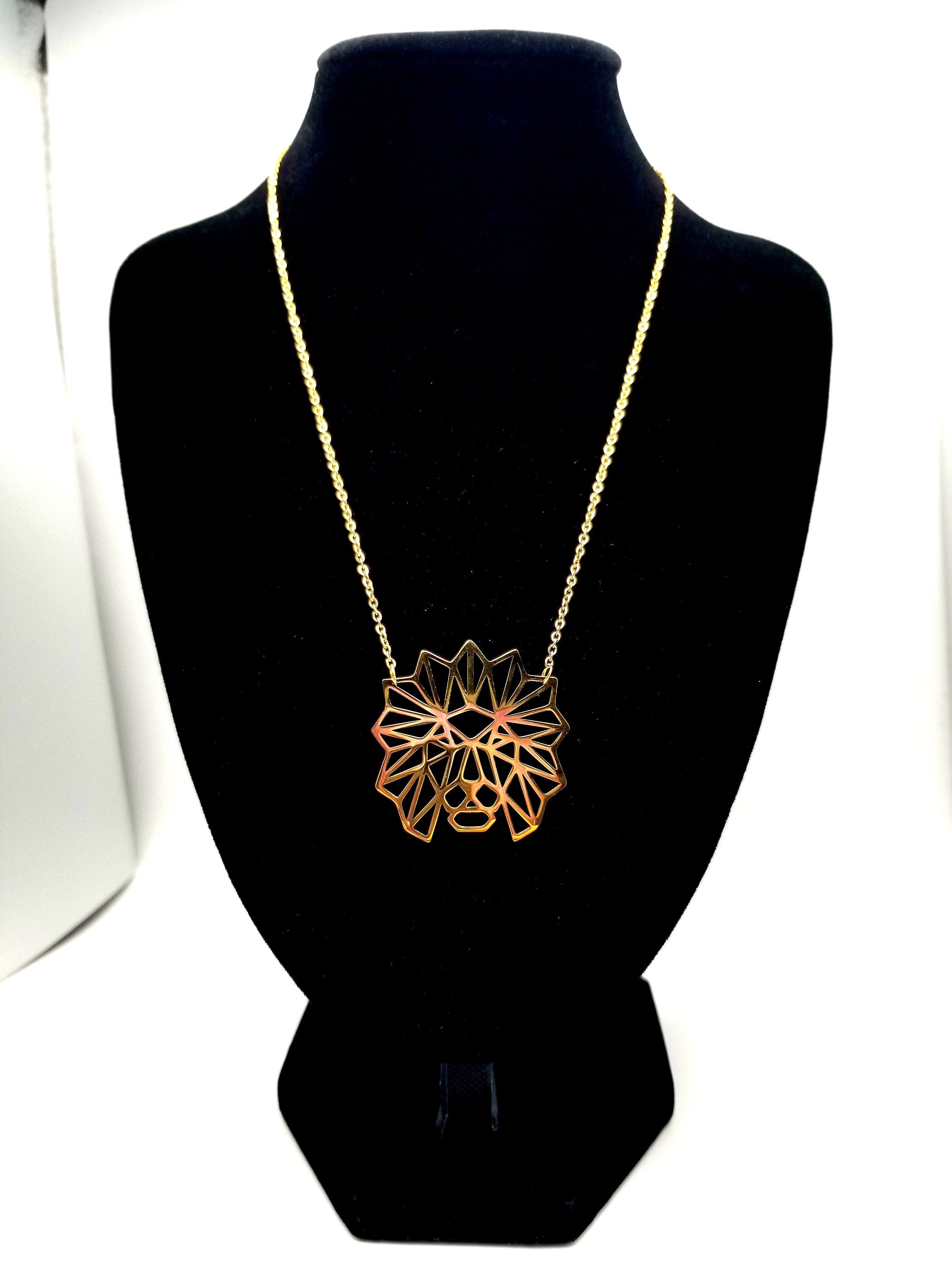 Gold Lion Necklace: Geometric Stainless Steel Jewelry Lion of Judah Pendant