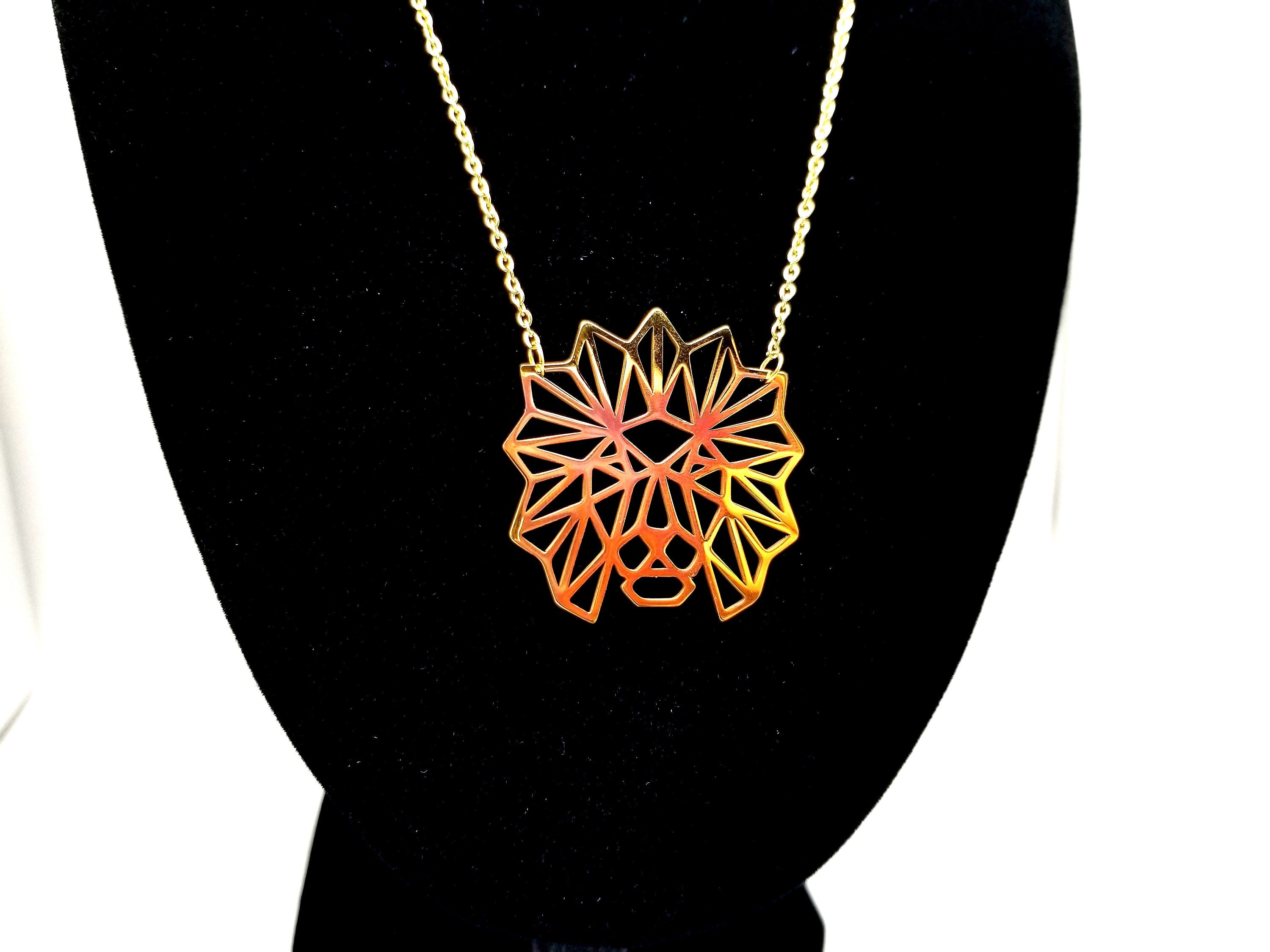 Gold Lion Necklace: Geometric Stainless Steel Jewelry Lion of Judah Pendant