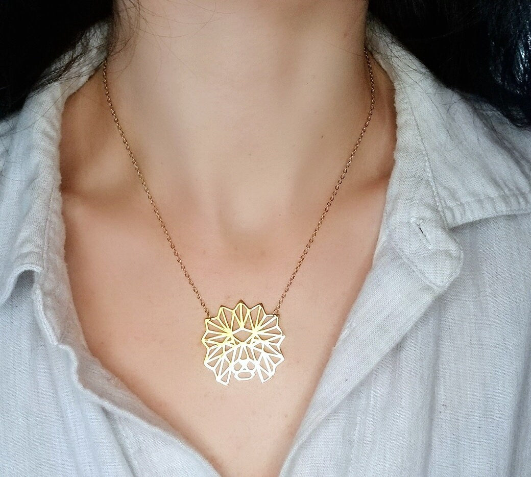 Gold Lion Necklace: Geometric Stainless Steel Jewelry Lion of Judah Pendant