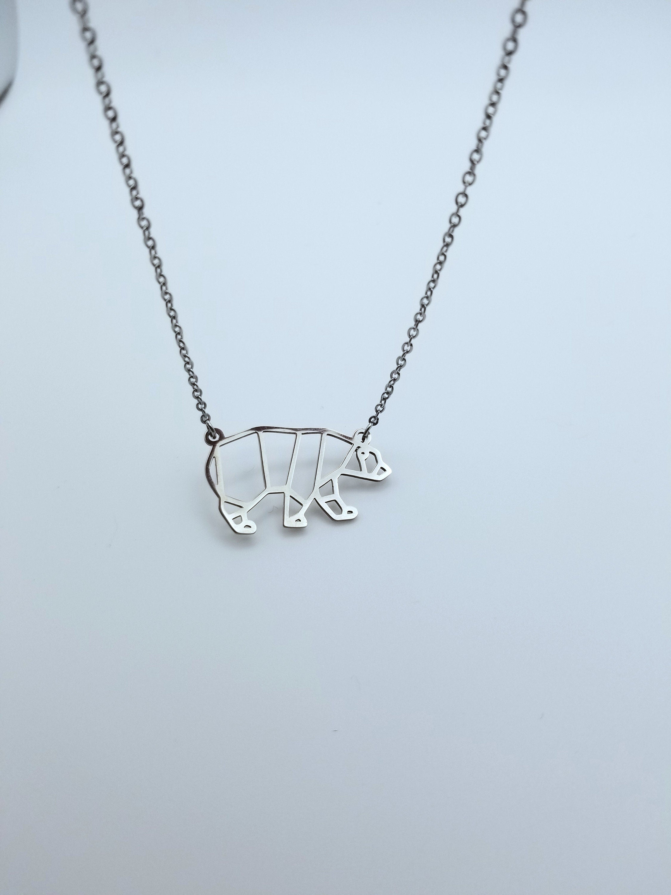Geometric Bear Necklace: Stainless Steel Polar Bear Pendant