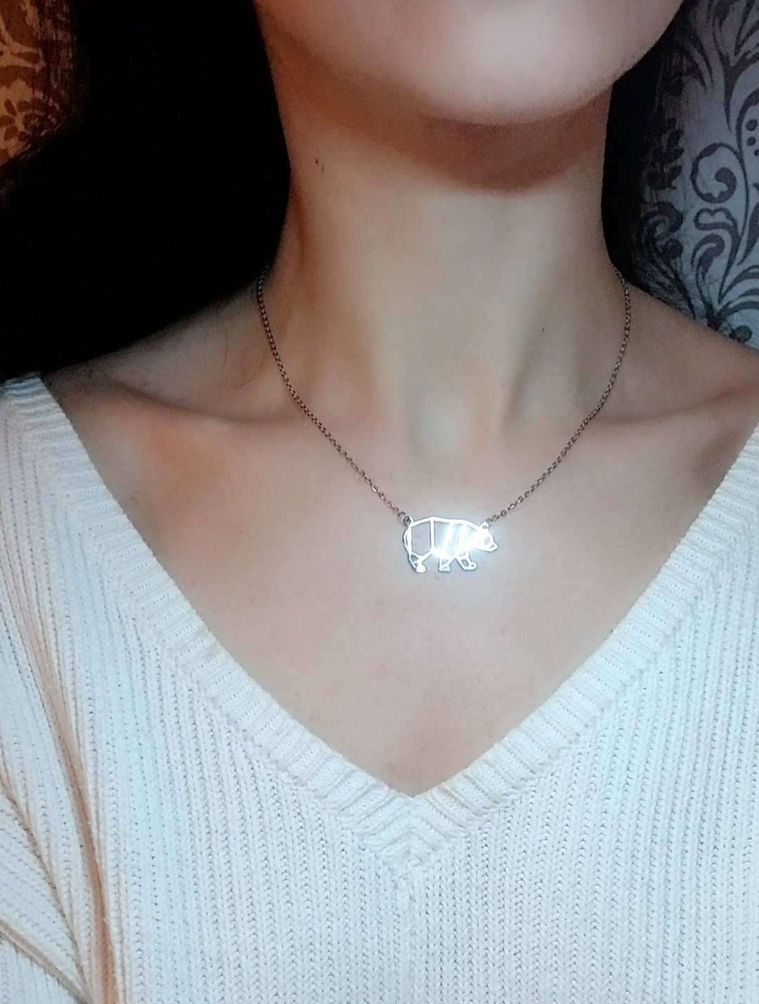 Geometric Bear Necklace: Stainless Steel Polar Bear Pendant