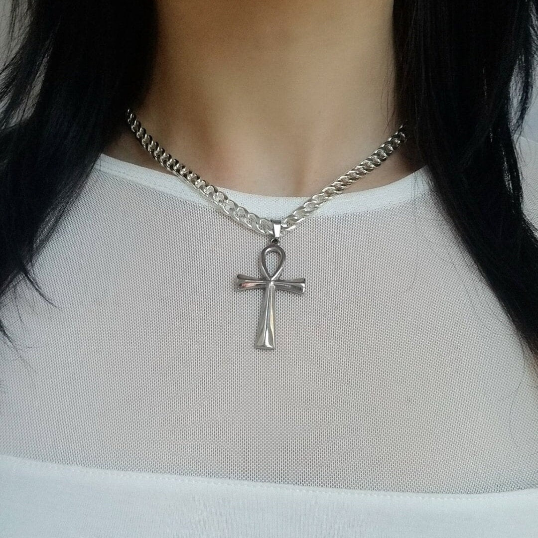Stainless Steel Cuban Chain Ankh Necklace: Unisex Key of Life Pendant