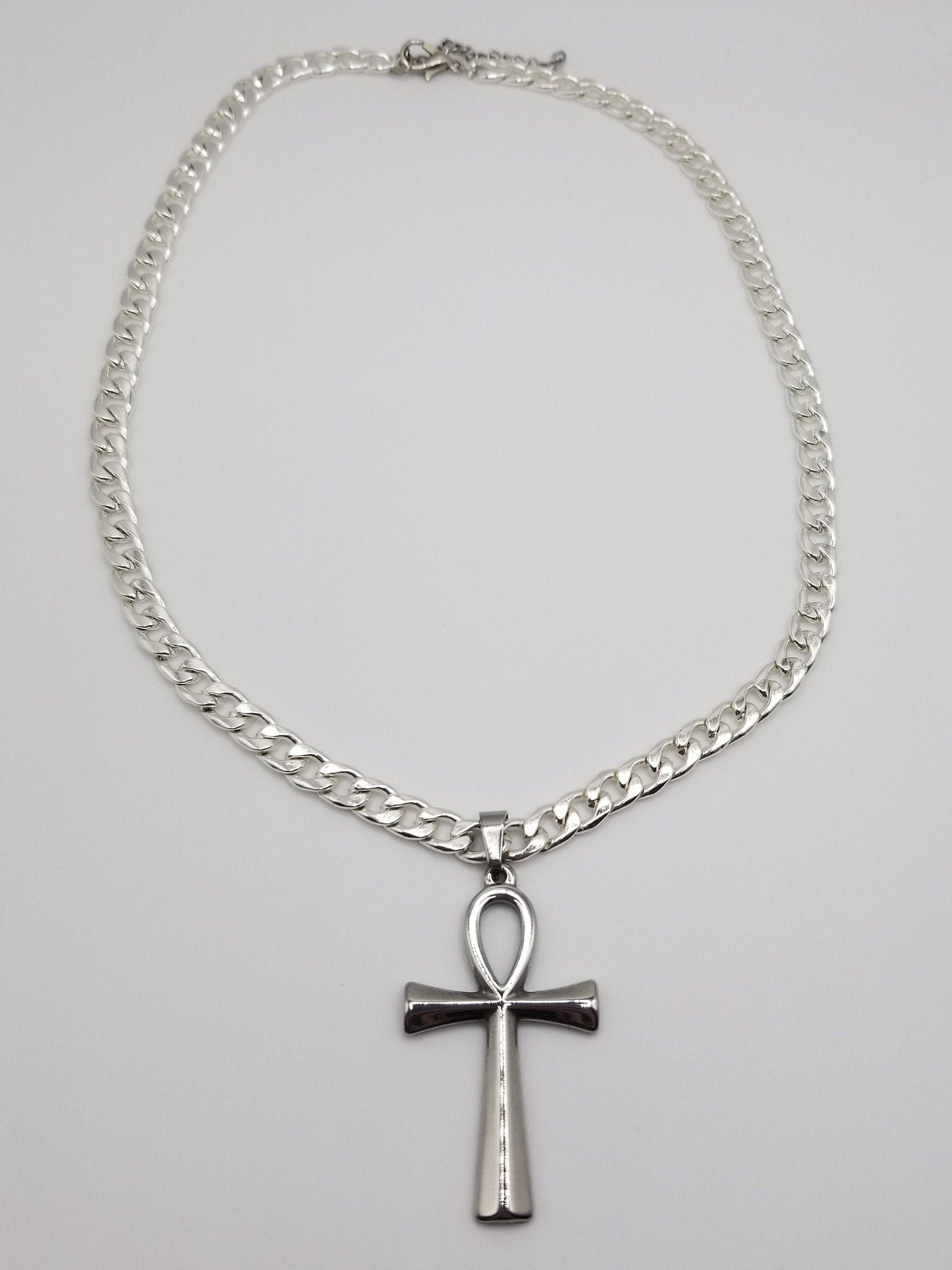 Stainless Steel Cuban Chain Ankh Necklace: Unisex Key of Life Pendant