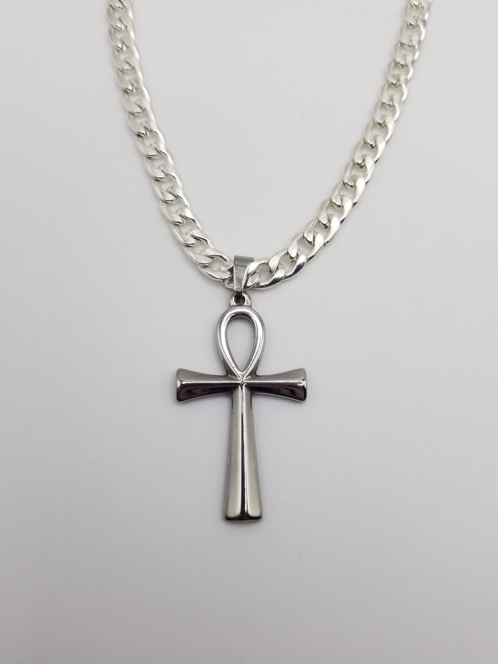 Stainless Steel Cuban Chain Ankh Necklace: Unisex Key of Life Pendant