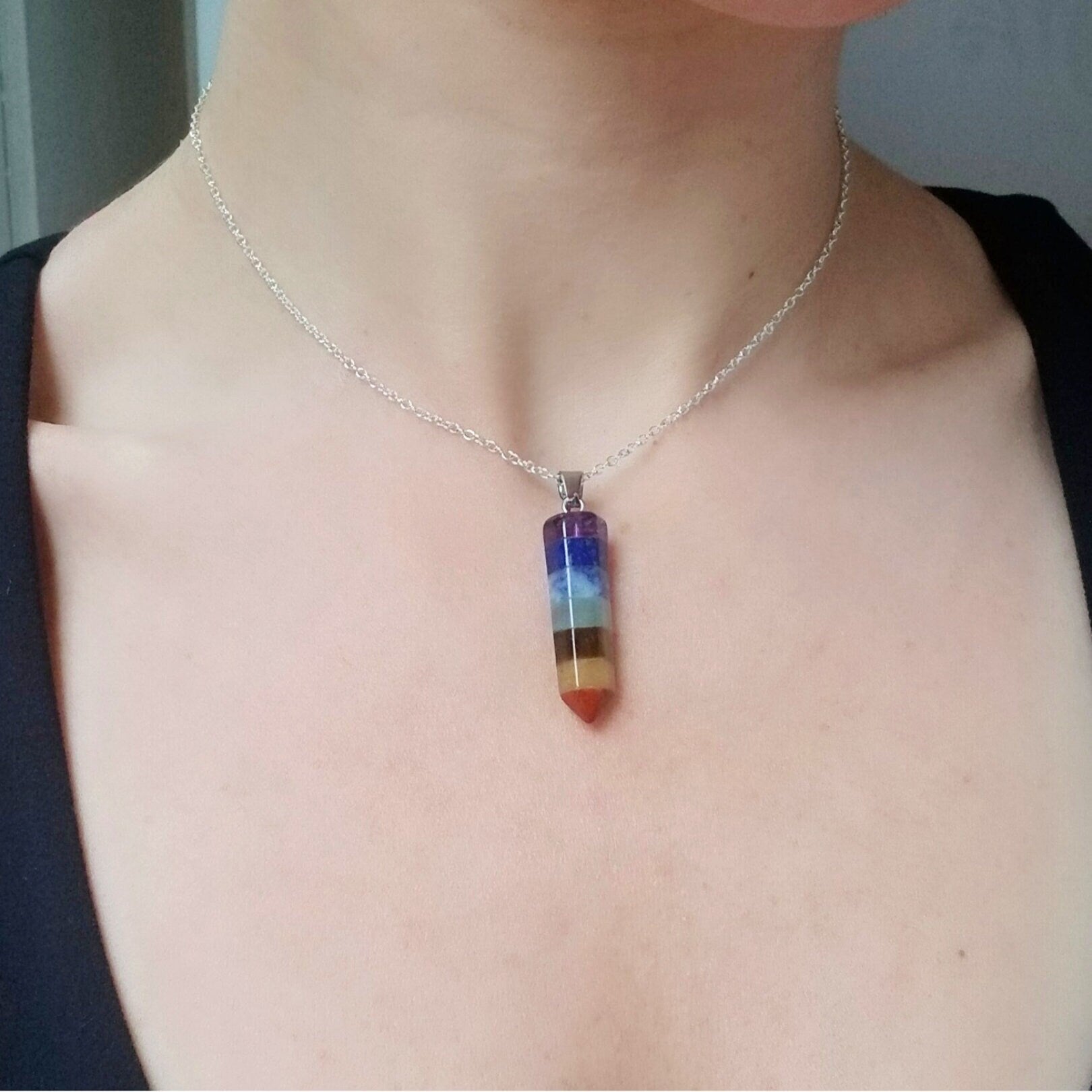 Sterling Silver 7 Chakra Stone Pendant Necklace - Meditation Jewelry