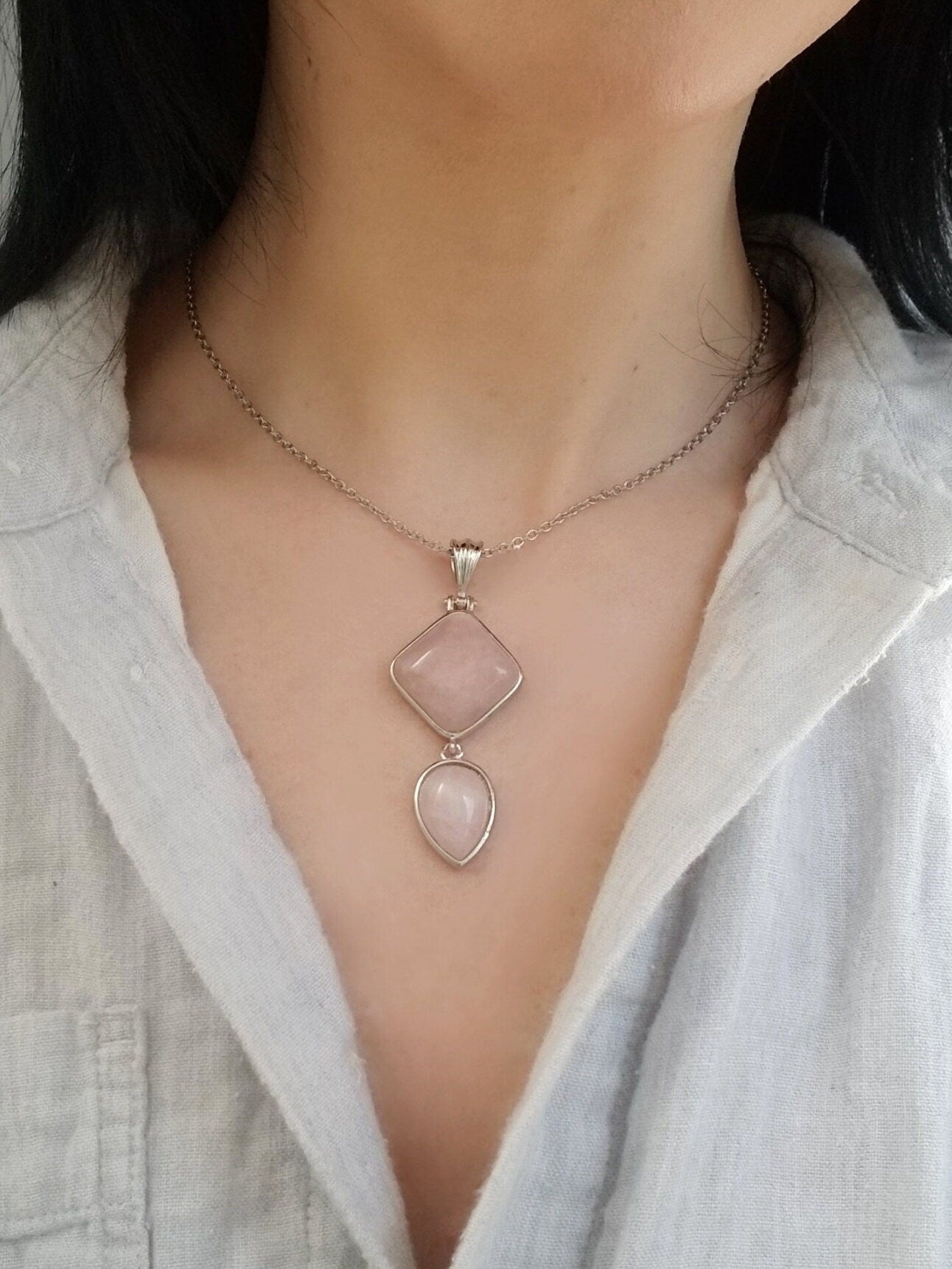Geometric Rose Quartz Pendant: Stainless Steel Teardrop Necklace