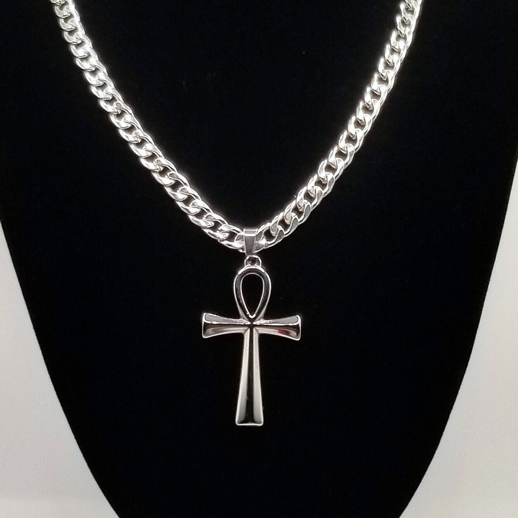 Large Silver Ankh Pendant Necklace on Cuban Chain 304 Stainless Steel Unisex