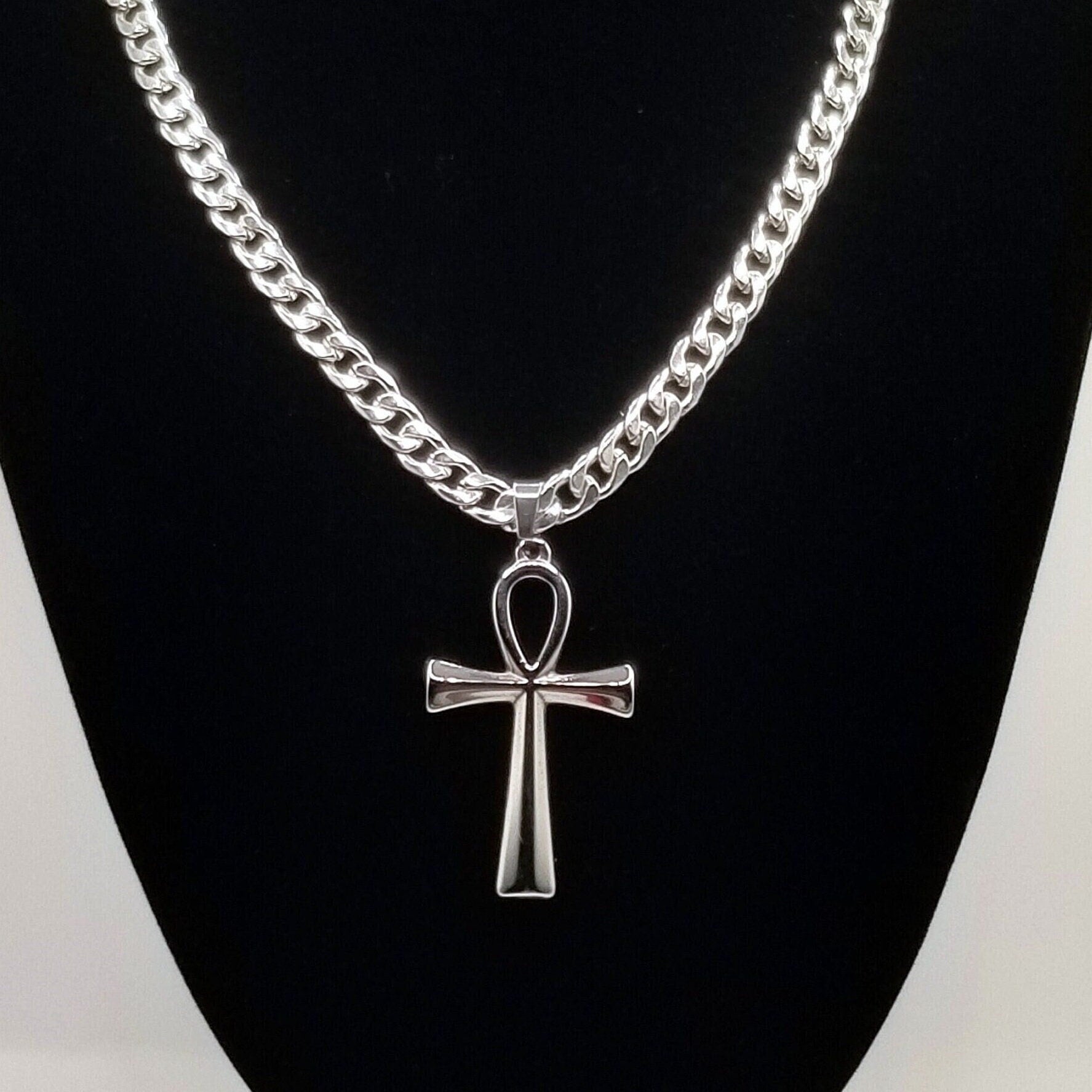 Large Silver Ankh Pendant Necklace on Cuban Chain 304 Stainless Steel Unisex