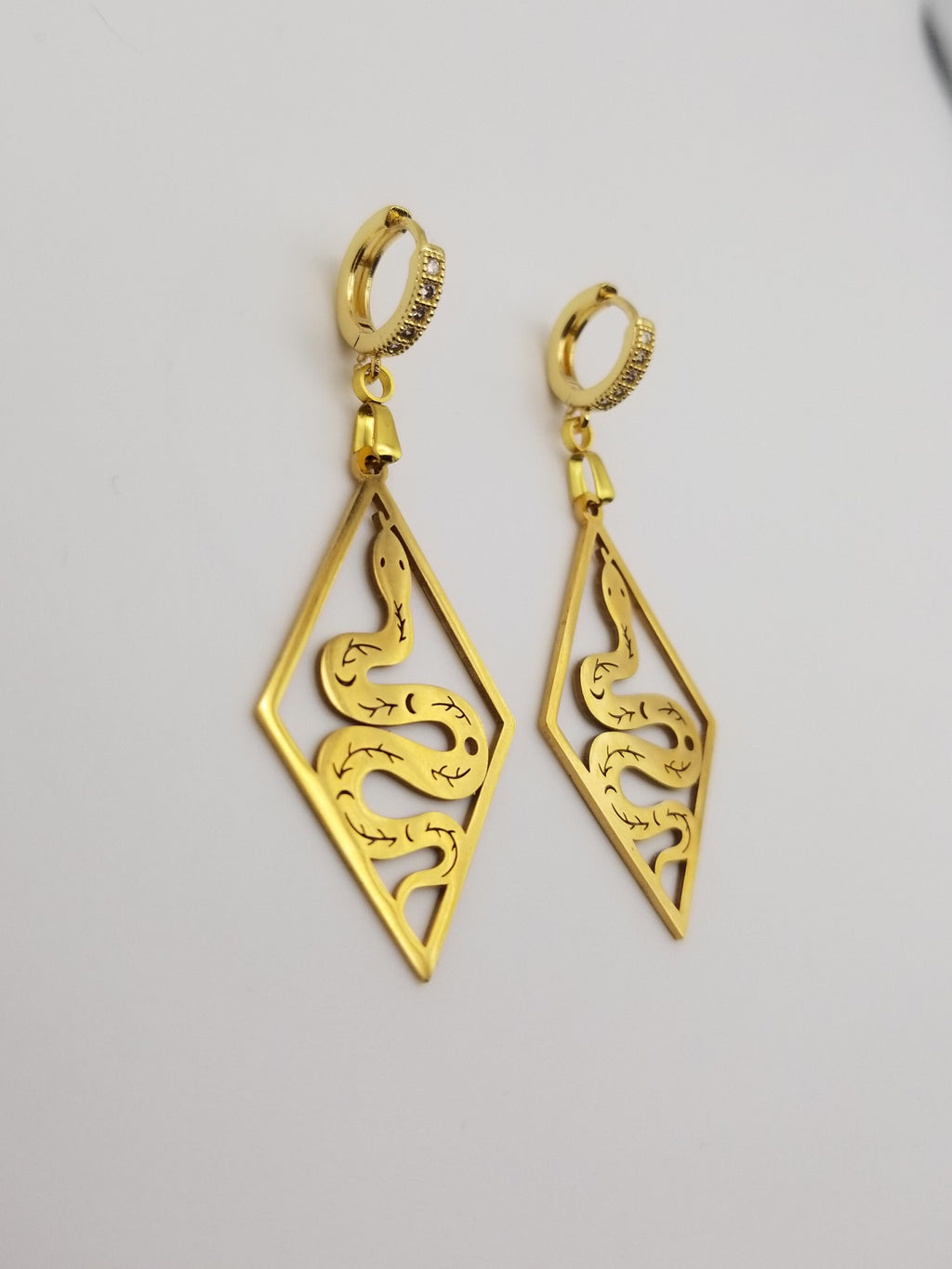 Egyptian Snake Drop Earrings, 18k Gold Plated Serpent Huggies, Waterproof Celestial Jewelry