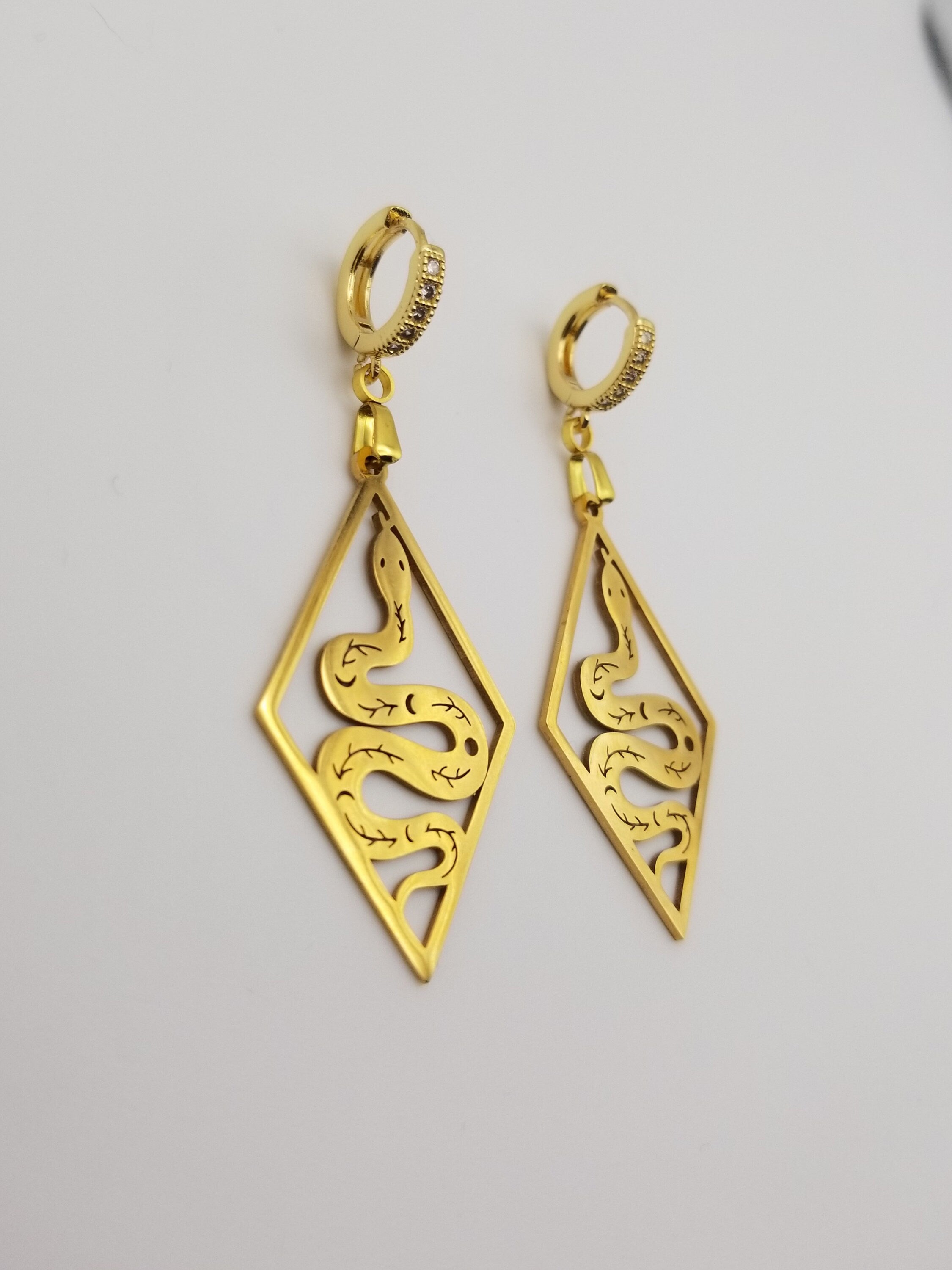 Egyptian Snake Drop Earrings, 18k Gold Plated Serpent Huggies, Waterproof Celestial Jewelry