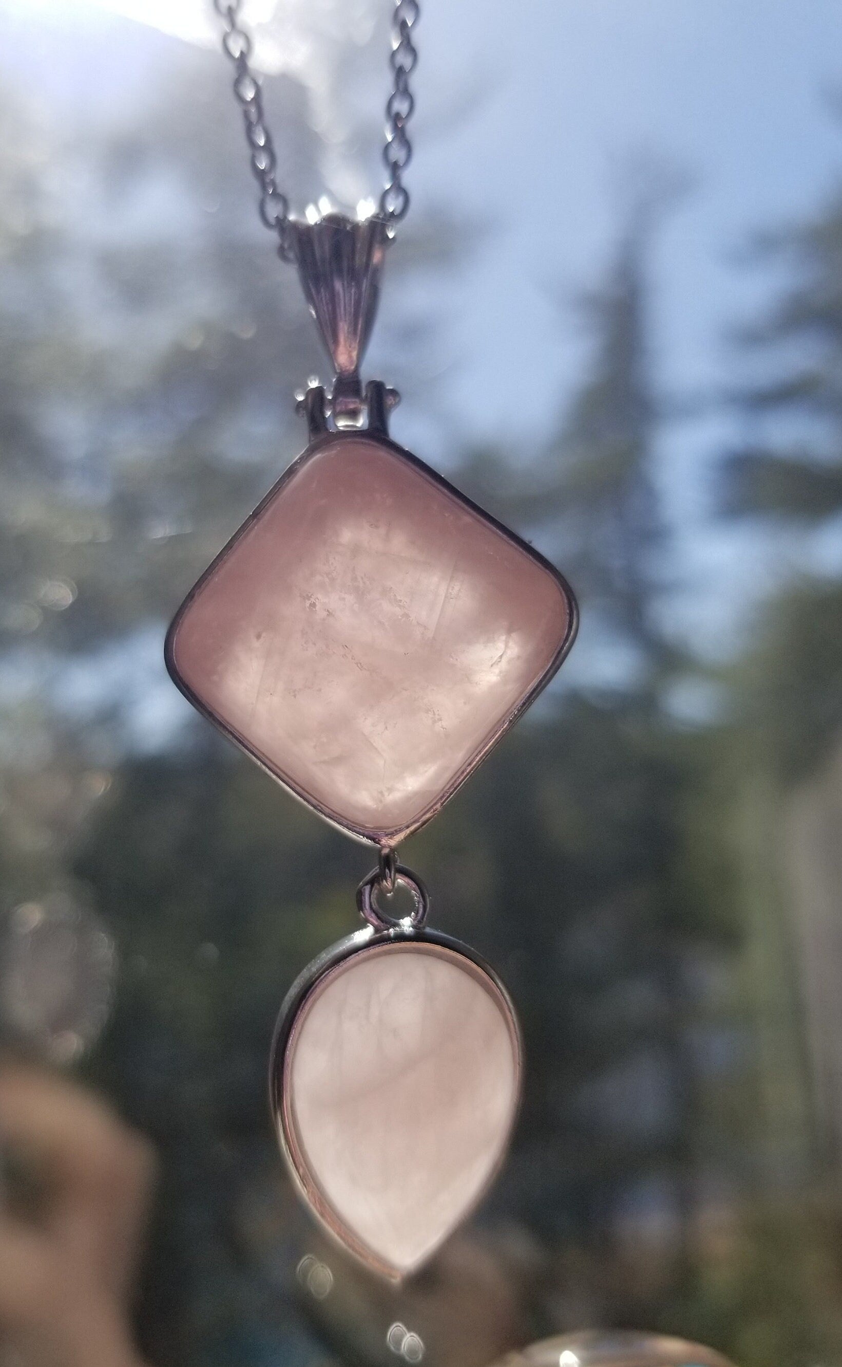 Geometric Rose Quartz Pendant: Stainless Steel Teardrop Necklace