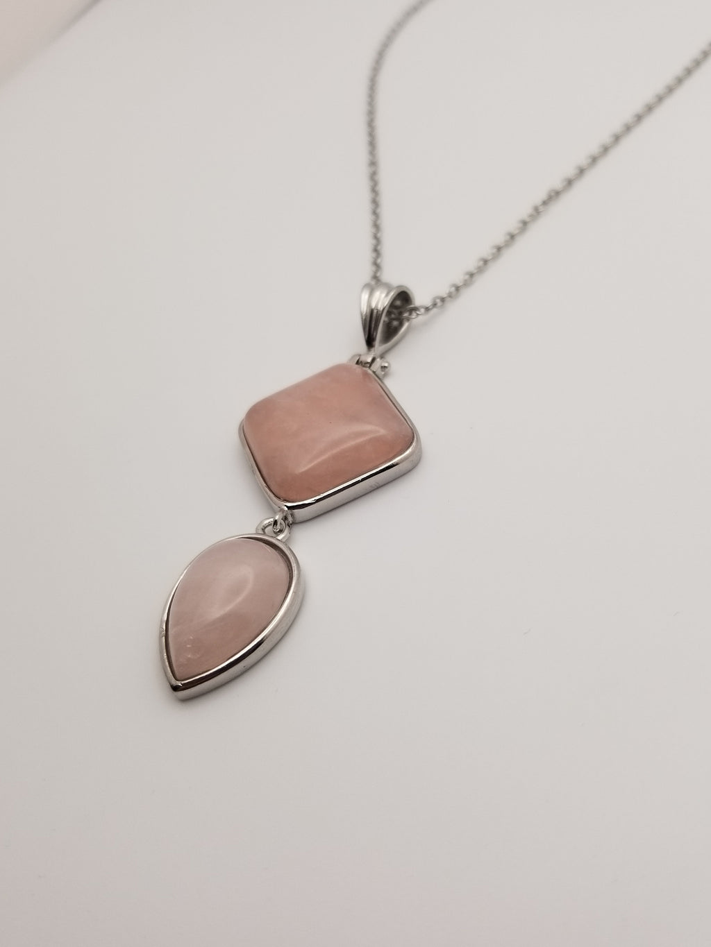 Geometric Rose Quartz Pendant: Stainless Steel Teardrop Necklace